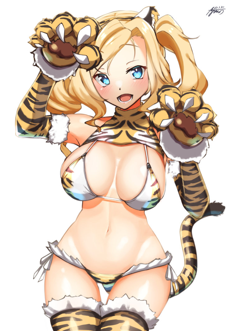 alternate_costume animal_ears animal_hands animal_print ayuman bikini blonde_hair blue_eyes breasts claws commentary_request commission cowboy_shot drill_hair elbow_gloves fangs female gloves honolulu_(kantai_collection) kantai_collection large_breasts long_hair looking_at_viewer paw_gloves paws print_bikini simple_background solo swimsuit tail thigh_gap thighhighs tiger_ears tiger_print tiger_stripes tiger_tail twin_drills twintails white_background