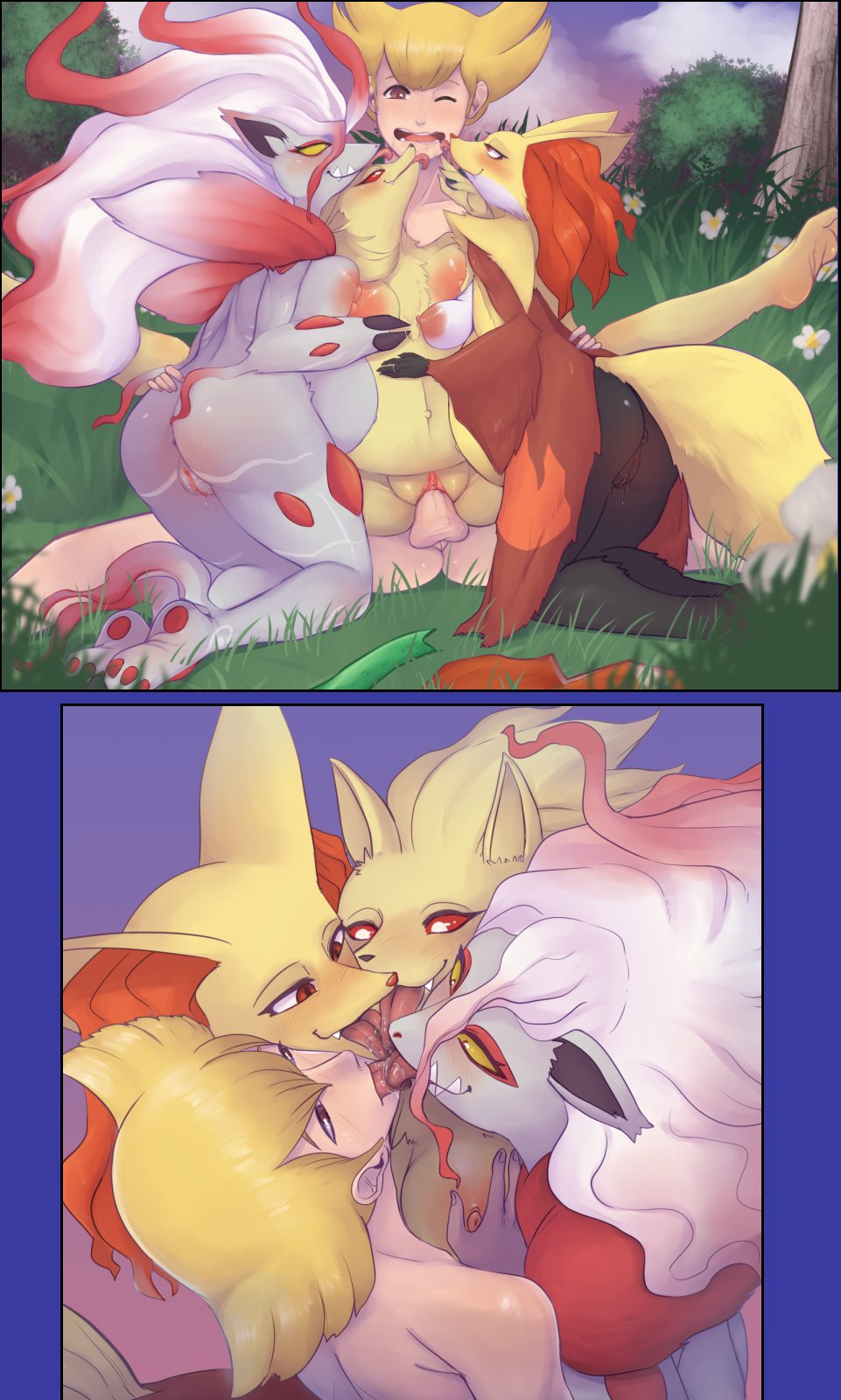 1boy 3girls anthro barry_(pokemon) blindneko99 delphox fox fox_ears fox_tail french_kiss group group_kissing group_sex harem hisuian_zoroark human human_on_anthro human_on_feral kissing ninetales orgy pokemon pokemon_(species) pokemon_dppt pokemon_legends:_arceus pregnant pregnant_sex tongue_kiss tongue_out wedding_ring zoroark