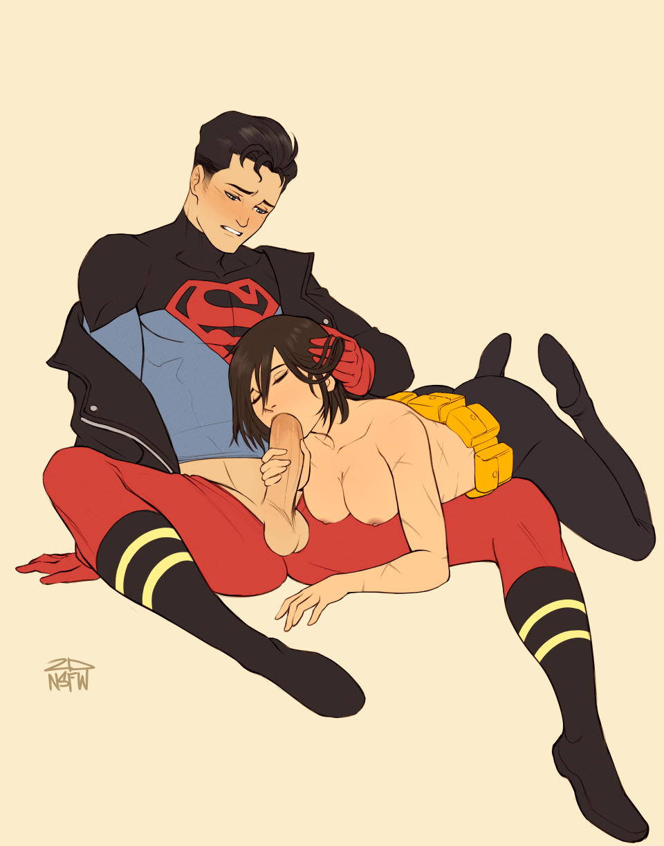 1boy 1girls 2dnsfw 2dswirl balls batgirl batgirl_(cassandra_cain) black_hair blowjob blush breasts canon_couple cassandra_cain closed_eyes conner_kent dc dc_comics erection fellatio female kon-el male oral oral_sex penis straight superboy topless