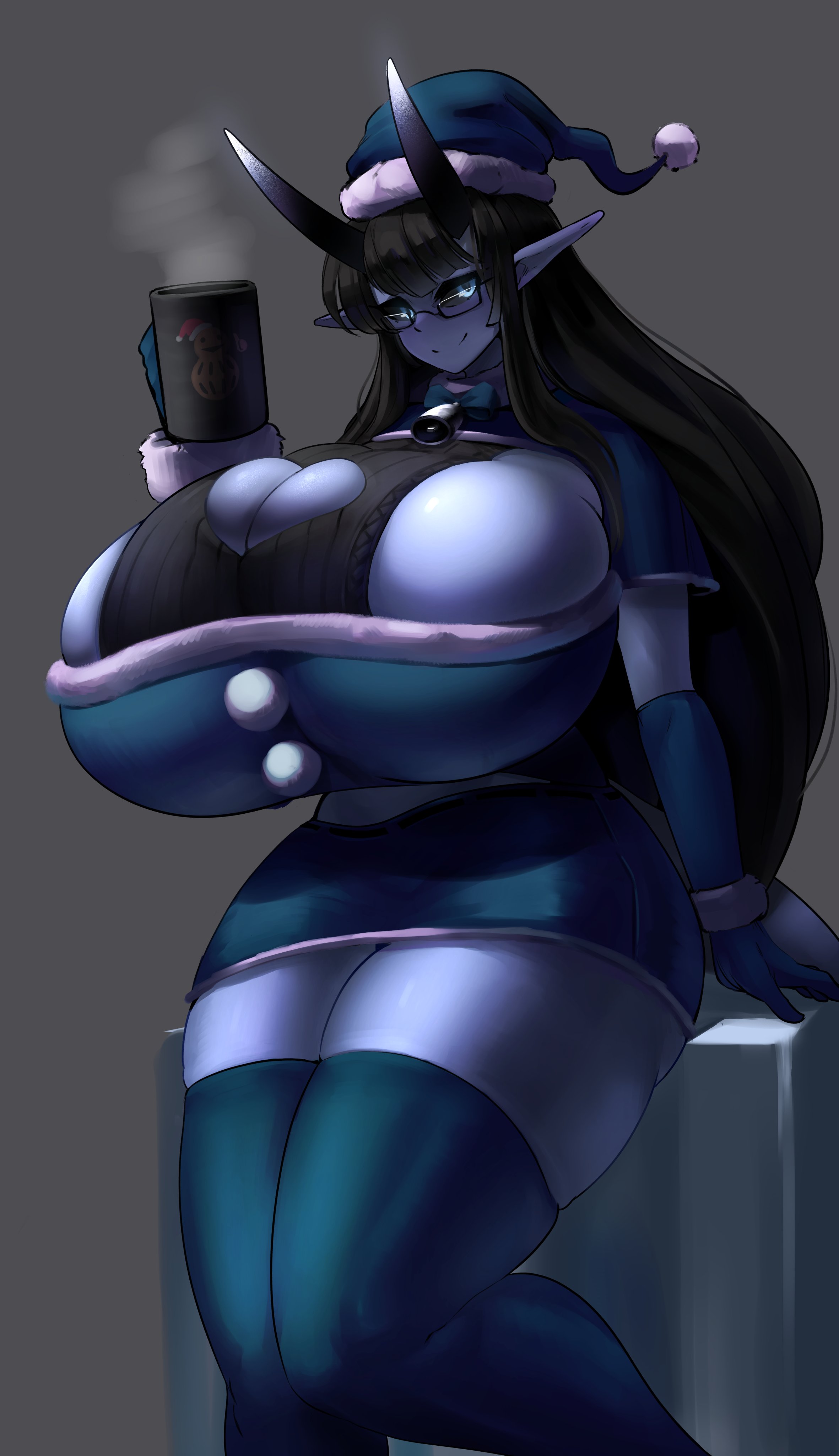 1girls, bell, big breasts, blue eyes, breasts, female, gipehtyboon, horn, huge breasts, original character, tagme, thunder thighs, yboon