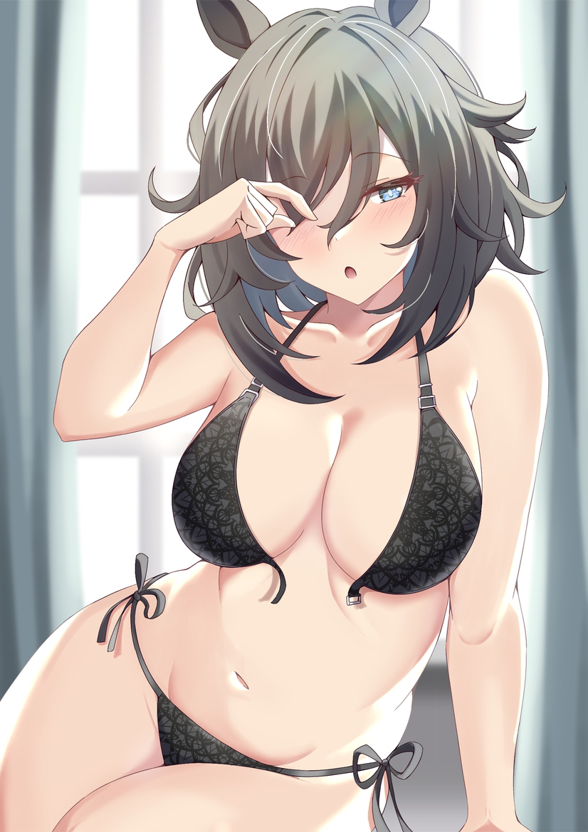 :o animal_ears black_bra black_hair black_panties blue_eyes blush bra breasts collarbone curtains eishin_flash_(umamusume) eyebrows_visible_through_hair female female hair_between_eyes horse_ears horse_girl medium_breasts nanao_(naoekaki25) navel one_eye_closed panties short_hair side-tie_panties solo umamusume underwear underwear_only waking_up window