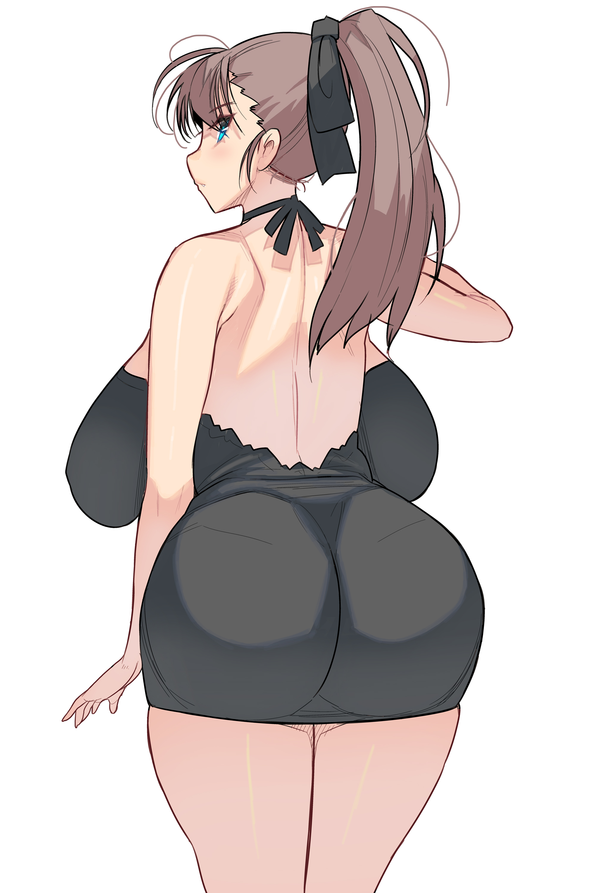 ass, ass in dress, backboob, big ass, big breasts, black dress, blue eyes, breasts, brown hair, female, female only, hair ribbon, huge ass, huge breasts, long hair, looking at viewer, looking back, masao, minidress, neck ribbon, original, ponytail, rear view, sagging breasts, short dress, solo, thick thighs, tight clothing, tight dress, tight fit