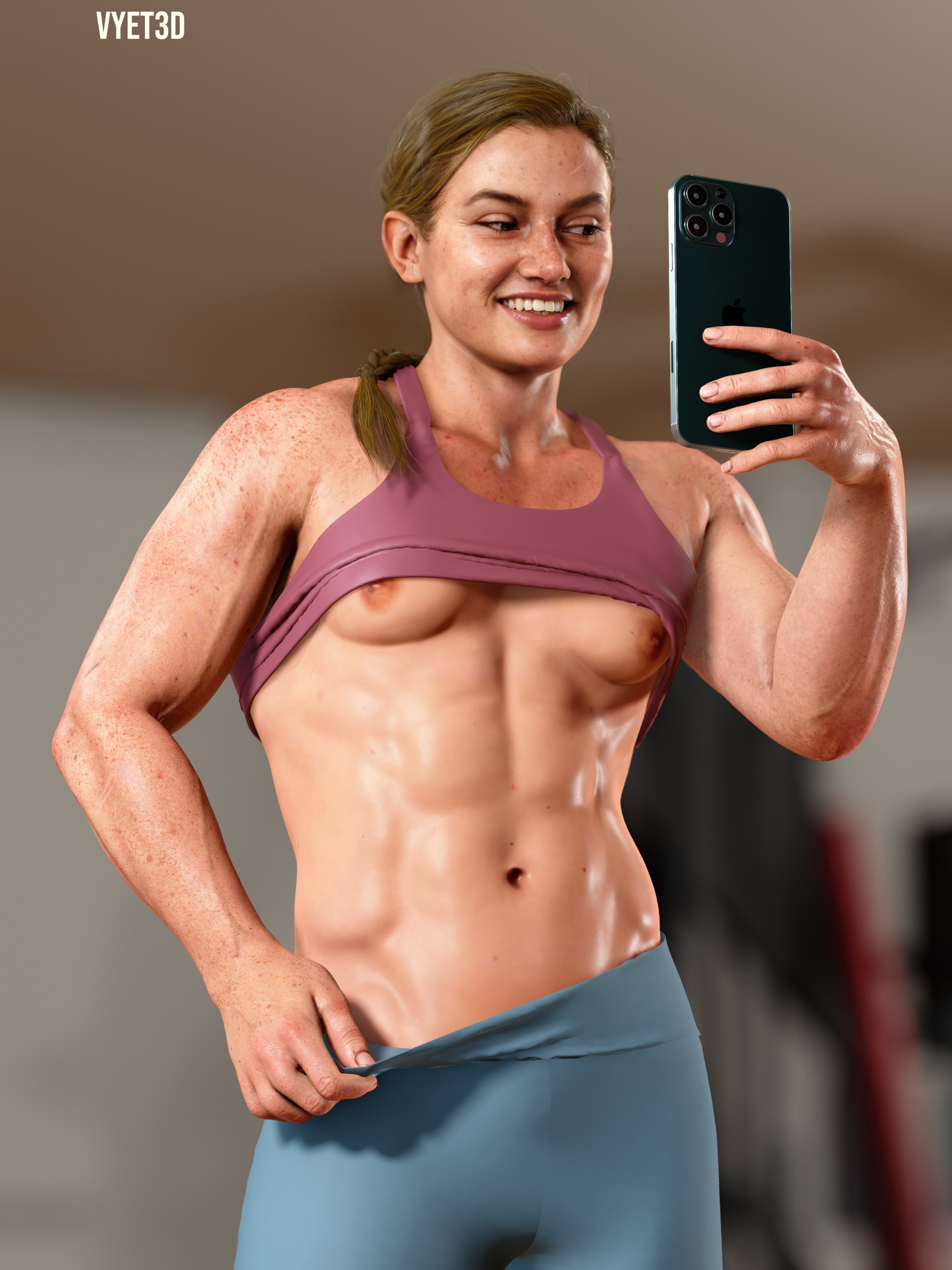 1girls, 3d, abigail anderson, abs, areolae, breasts, brown hair, female, female only, light skin, light-skinned female, muscular, muscular female, naughty dog, phone, selfie, shirt lift, smile, the last of us, the last of us 2, vyet3d