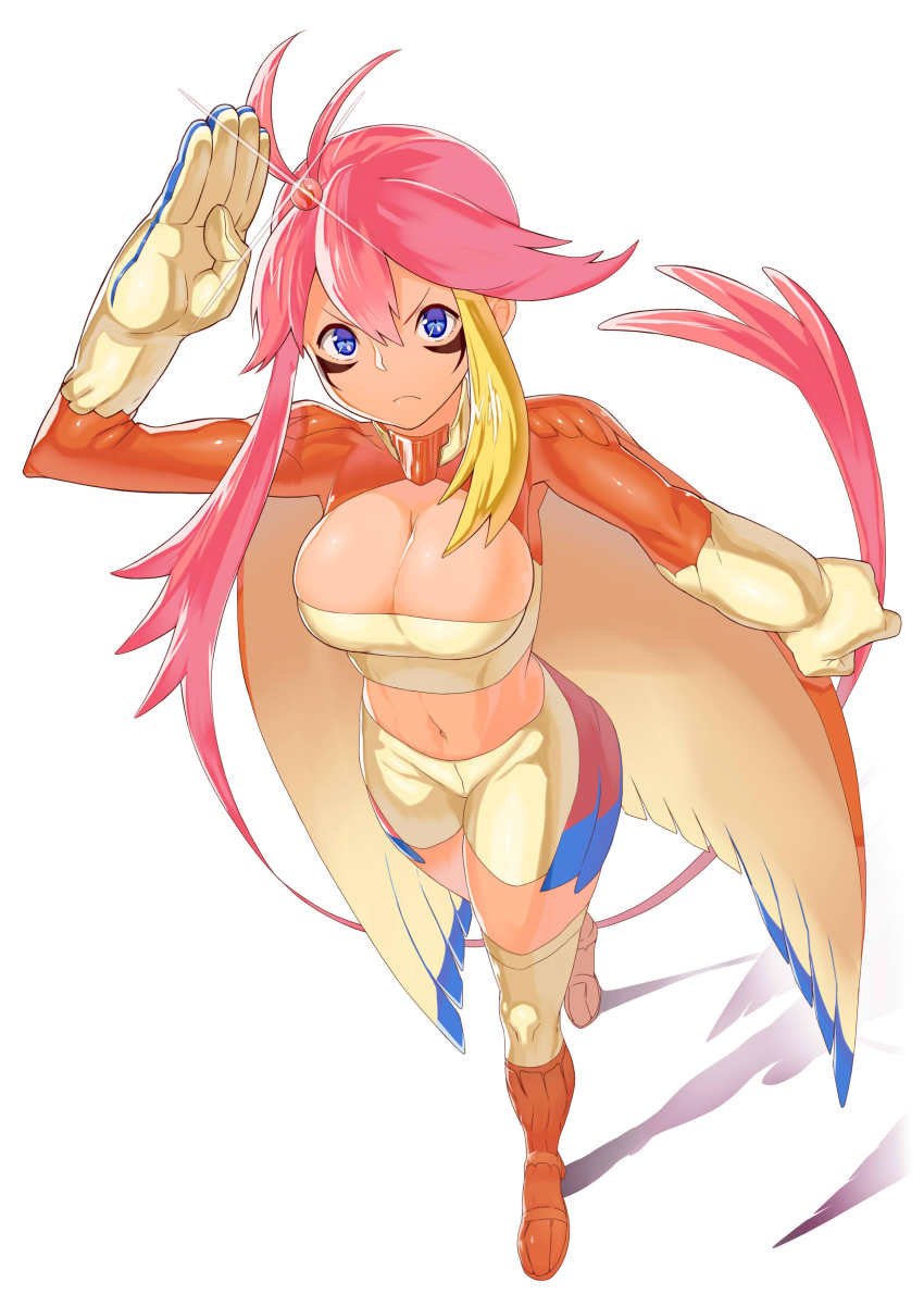 blue_eyes boots breasts cleavage cosplay female game_freak mega_evolution mega_pidgeot_(cosplay) midriff nintendo pidgeot_(cosplay) pokemon pokemon_(cosplay) red_hair skyla_(pokemon) solo solo_female toranoe white_background