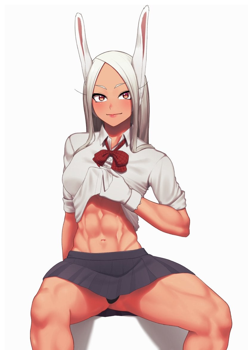 breasts, exposed panties, female, lifting shirt, miruko, my hero academia, red eyes, rumi usagiyama, school uniform, schoolgirl, white hair