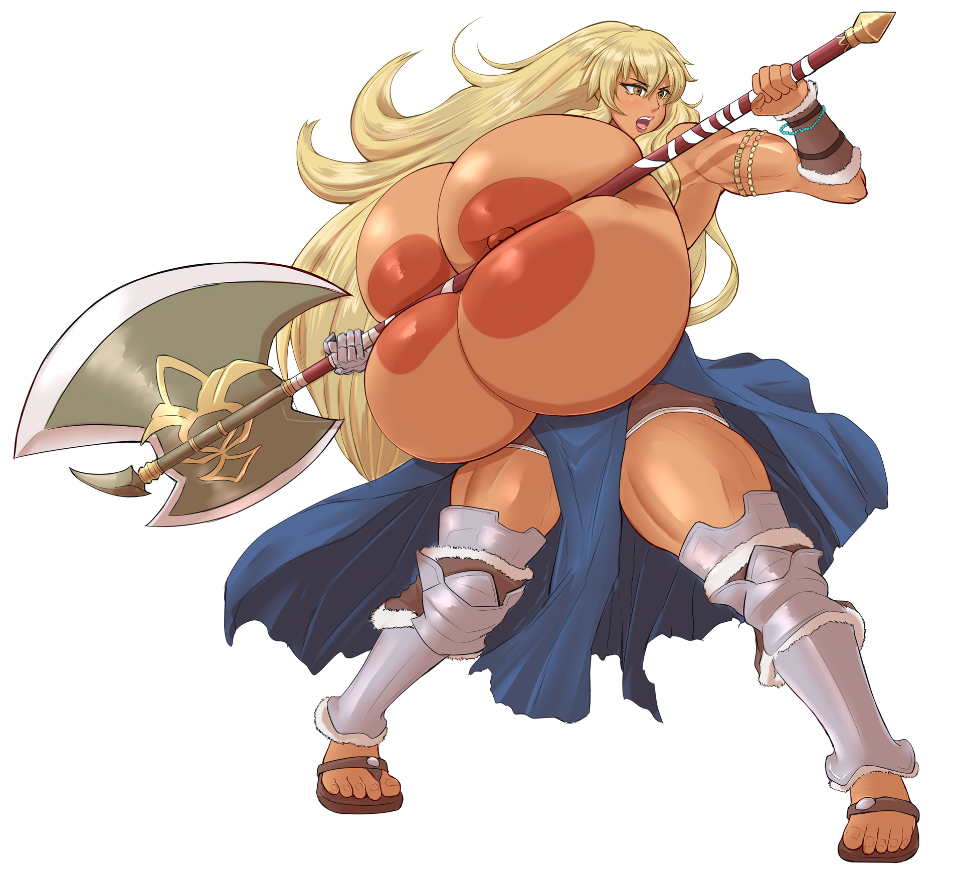 1girls, angry, aokuro, axe, beauty mark, big breasts, blonde hair, breast squeeze, breasts, curvy, dark skin, dark-skinned female, female, female only, fight, fire emblem, fire emblem: the binding blade, gigantic breasts, hawkeye (fire emblem) (cosplay), hyper breasts, igrene (fire emblem), long hair, mole, mole under eye, muscular, muscular female, nintendo, nipples, pelvic curtain, solo, thick thighs, topless, very long hair, voluptuous, weapon, yellow eyes