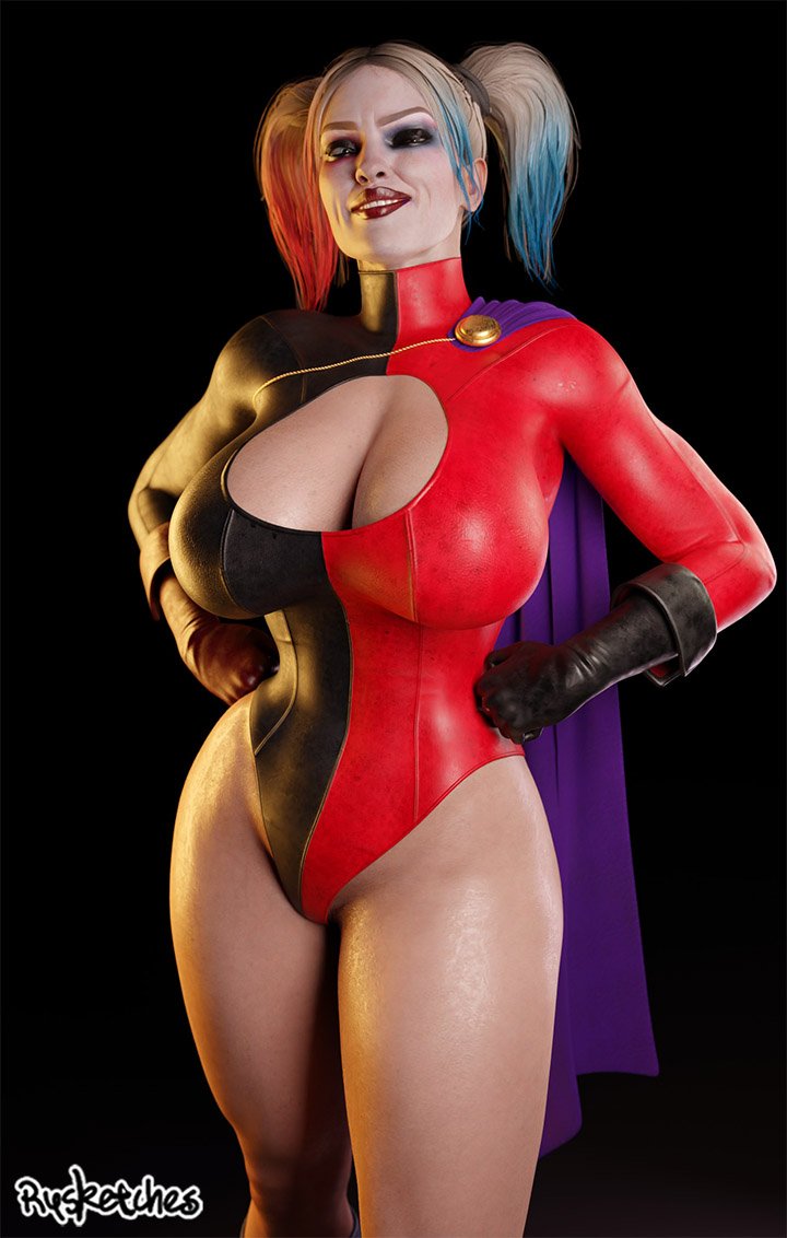 1girls, 3d, batman (series), big breasts, blonde hair, boob window, breasts, busty, cleavage, cleavage cutout, cosplay, costume, dc, dc comics, female, female focus, female only, harley quinn, harley quinn (injustice), hourglass figure, injustice 2, multicolored hair, pose, posing, power girl (cosplay), rysketches, solo, tagme, wide hips