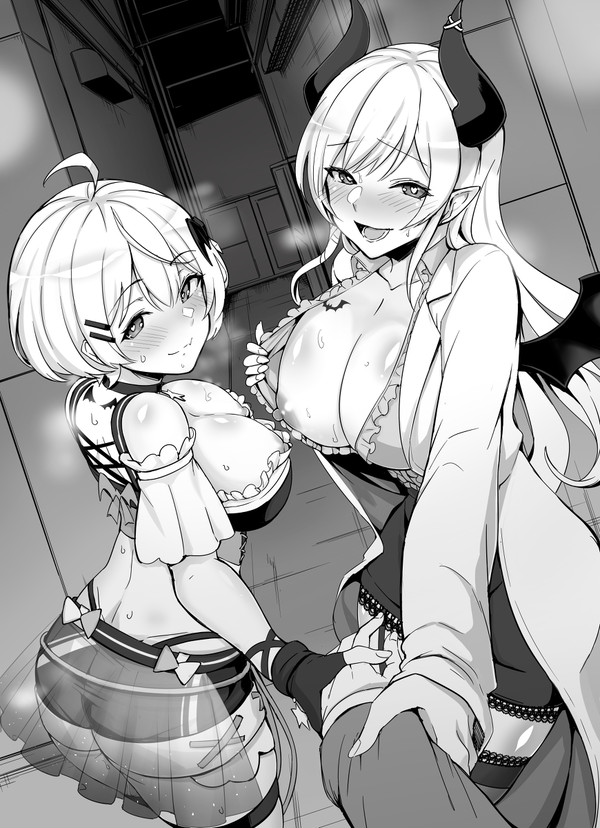 1boy 2girls absurdres ahoge back_tattoo bangs bare_shoulders bat_hair_ornament black_shorts breast_tattoo breasts center_frills cleavage clothes_pull cross-laced_clothes demon_girl demon_horns demon_wings detached_sleeves eyebrows_visible_through_hair frilled_shirt frills garter_straps greyscale hair_ornament hairclip heart heart-shaped_pupils highres hololive hololive_gen_1 hololive_gen_2 hololive_japan horns huge_breasts imminent_sex labcoat large_breasts looking_at_viewer mcp150_plus monochrome multiple_girls nipple_slip nipples open_mouth pointy_ears pov pulled_by_self shiny shirt shirt_pull short_hair short_shorts short_sleeves shorts smile source_larger strapless sweat symbol-shaped_pupils tagme tattoo thigh_strap thighhighs vampire virtual_youtuber wing_collar wing_tattoo wings yozora_mel yuzuki_choco