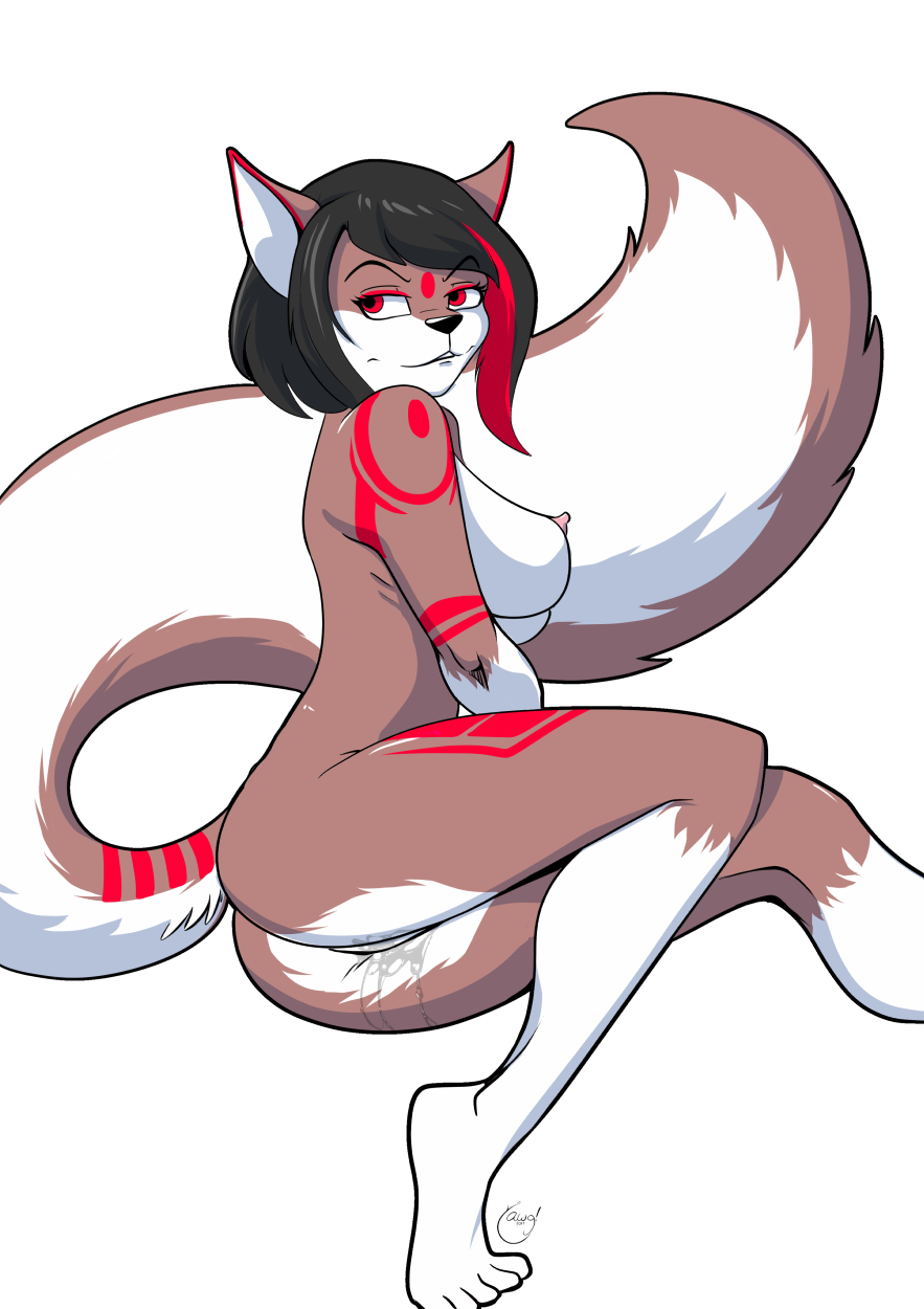 anthro black_hair bodily_fluids breasts brown_body brown_fur domestic_cat felid feline felis female fluffy fluffy_tail fur genital_fluids hair hi_res mammal nipples open_mouth open_smile pussy_juice red_eyes smile solo teeth white_body white_fur yawg yumi_yama