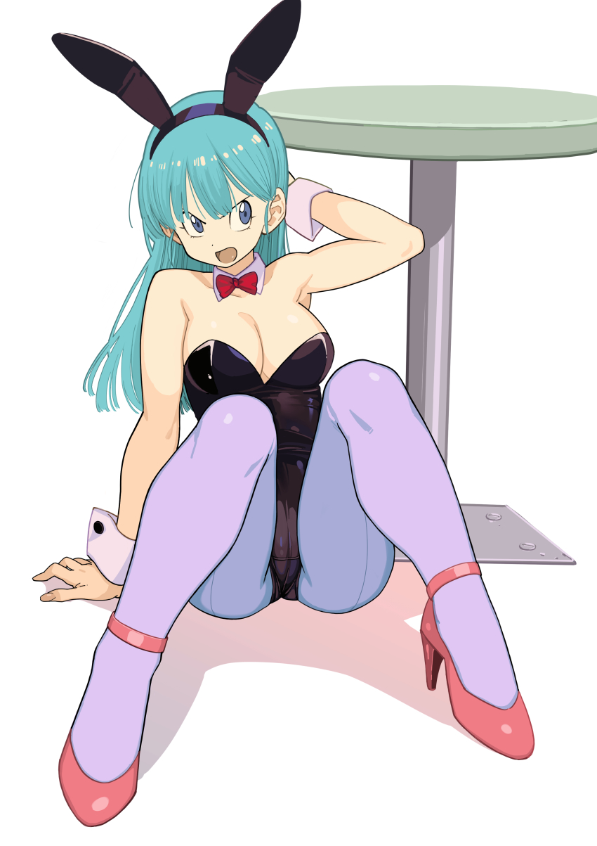 1girls, arm support, bangs, blue eyes, blue hair, bow, bowtie, breasts, bulma (bunny), bulma briefs, bunny ears, bunny girl, bunnysuit, detached collar, dragon ball, dragon ball (classic), female, female focus, female only, fully clothed, high heels, large breasts, long hair, looking at viewer, open clothes, pantyhose, purple pantyhose, red footwear, red high heels, shounen jump, solo, solo female, uncensored, white background, wrist cuffs