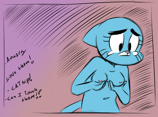 anthro blue_fur breasts cartoon_network domestic_cat english_text feline feline female fur holding_breast mammal navel nicole_watterson ninoeros nipples nude solo tears text the_amazing_world_of_gumball themanwithnobats whiskers