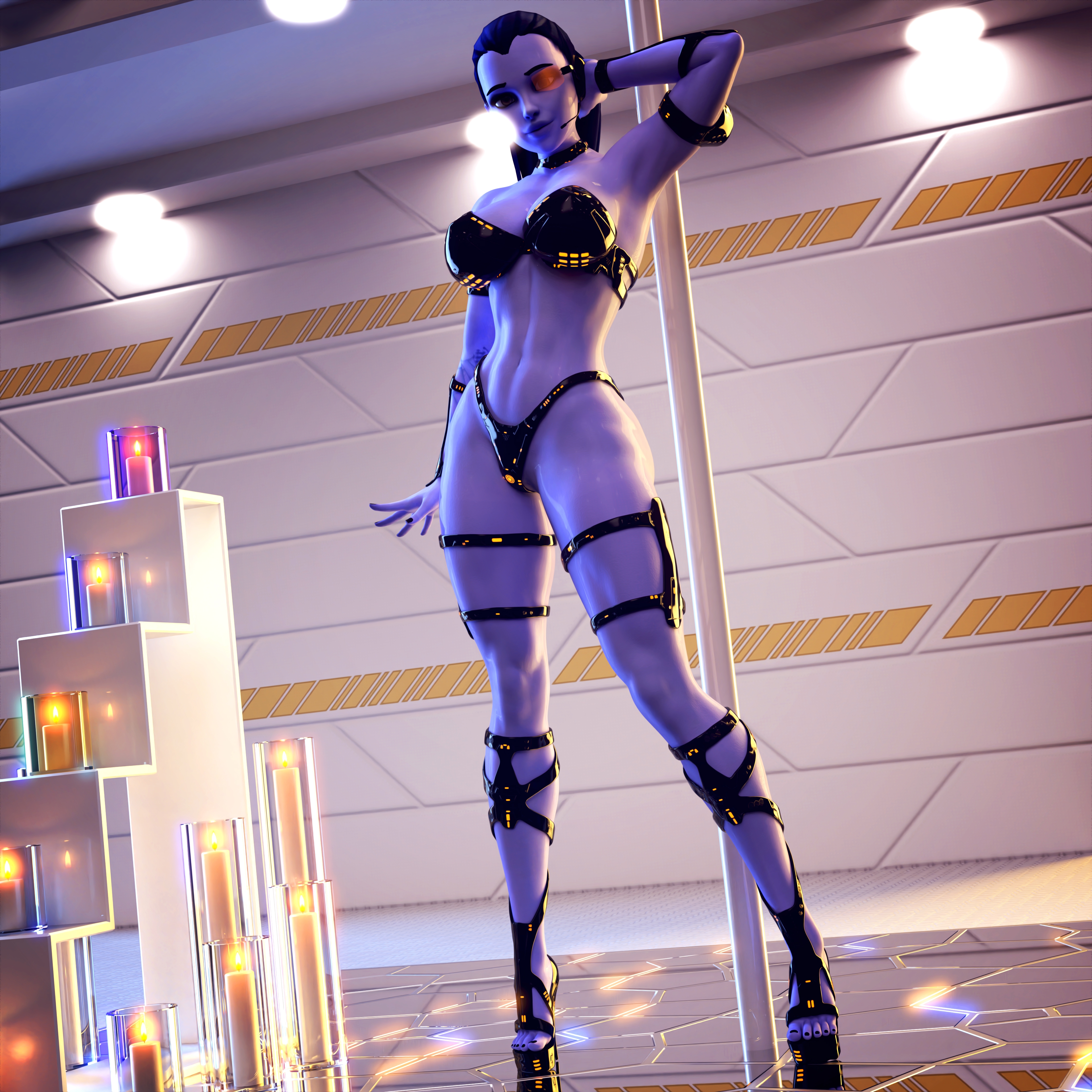 1girls, 3d, ass, breasts, cleavage, collar, female, female focus, female only, grin, hand behind head, headset, heels, high heels, highres, long hair, looking at viewer, nail polish, overwatch, platform heels, ponytail, pose, purple skin, pussy, scouter, smile, standing, tagme, thighs, tinted eyewear, urqqurqq, widowmaker