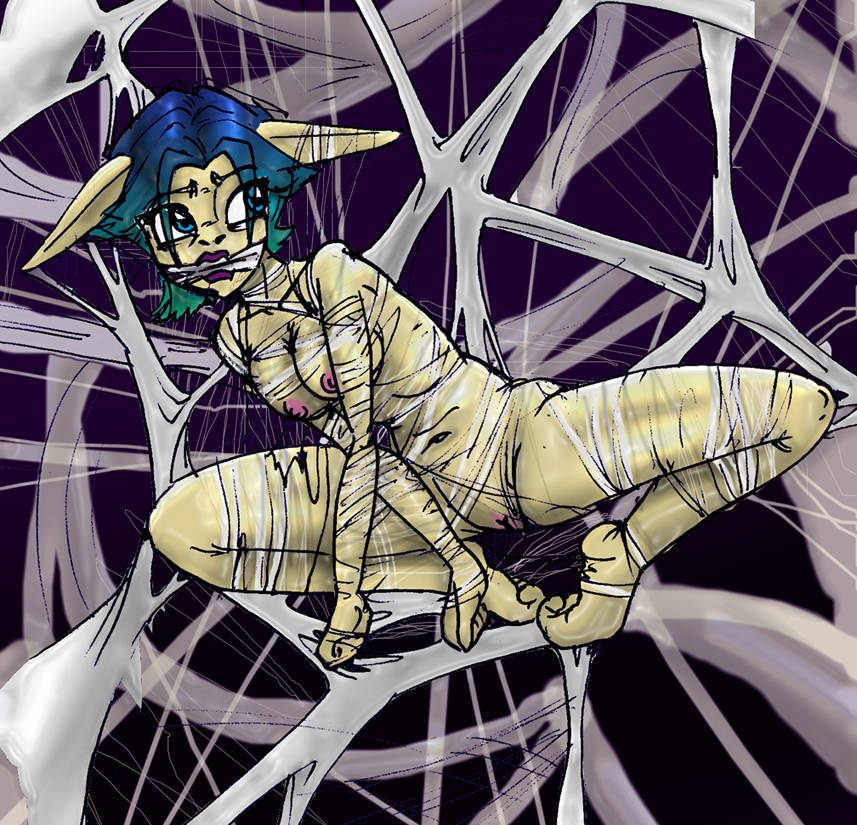 1girls big_breasts blue_hair bound bound_legs breasts female female_only gag gagged green_highlights jak_and_daxter keira_hagai latexandfur lipstick malkin_(artist) naughty_dog navel nipples nude pointy_ears purple_lipstick pussy solo sony spider_web spread_legs vulva web_gag