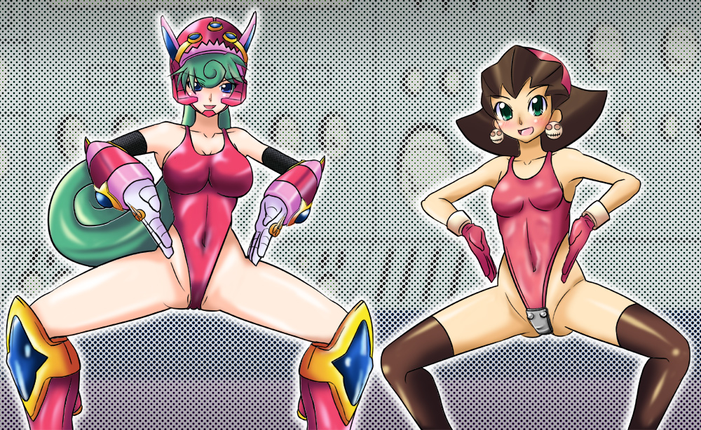 2girls female leotard marino mega_man mega_man_legends multiple_girls skull_earrings tagme tron_bonne