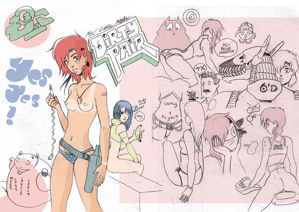 2girls 80s blue_hair brandon_graham breasts dark-skinned_female dark_skin dirty_pair female headband human kei_(dirty_pair) light-skinned_female light_skin long_hair mughi nipples red_hair short_hair sketch tomboy yuri_(dirty_pair)