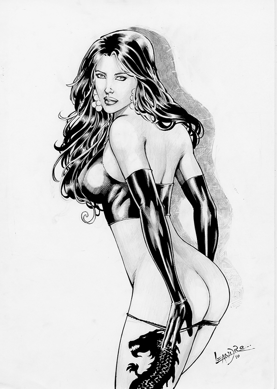 1girls 2010 ass back bare_shoulders breasts dc earrings female gloves large_breasts leandro_oliveira long_hair looking_at_viewer monochrome panties priscilla_kitaen sketch solo tattoo thong undressing voodoo_(wildstorm) wildc.a.t.s. wildstorm