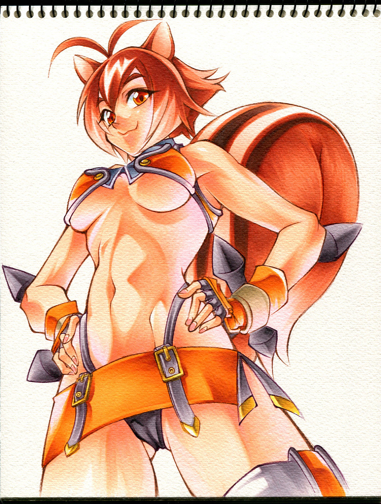 :3 animal_ear antenna_hair blazblue breasts brown_eyes brown_hair calnarsa makoto_nanaya miniskirt navel revision short_hair skirt spikes squirrel_ear squirrel_tail tail thighhighs tonfa traditional_media underboob weapon