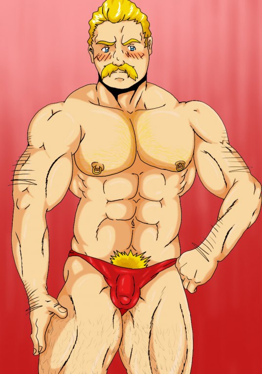 1boy abs banana_hammock bara blonde blonde_hair blue_eyes blush blushing body_hair bulge capcom chest_hair eagle_(street_fighter) facial_hair gold_piercing hairy hairy_arms hairy_chest hairy_legs hairy_male hand_on_leg human human_only light light_skin male male_chest male_focus male_only moustache muscle muscles muscular muscular_male nipple_piercing nipples pecs pierced_nipples pose posing pubic_hair red_background red_underwear six_pack solo solo_focus solo_male source_request speedo standing street_fighter topless underwear underwear_only