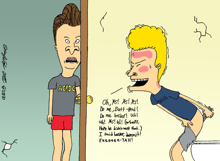 2010 2boys anal_insertion anal_masturbation band_shirt beavis beavis_and_butt-head blonde_hair blush butt-head closed_eyes clothing cracked_wall dildoeing door eavesdropping english_text feet_out_of_frame indoors male_only mortalanonymous pants_pull shorts standing sweat t-shirt tagme toilet tremble_lines