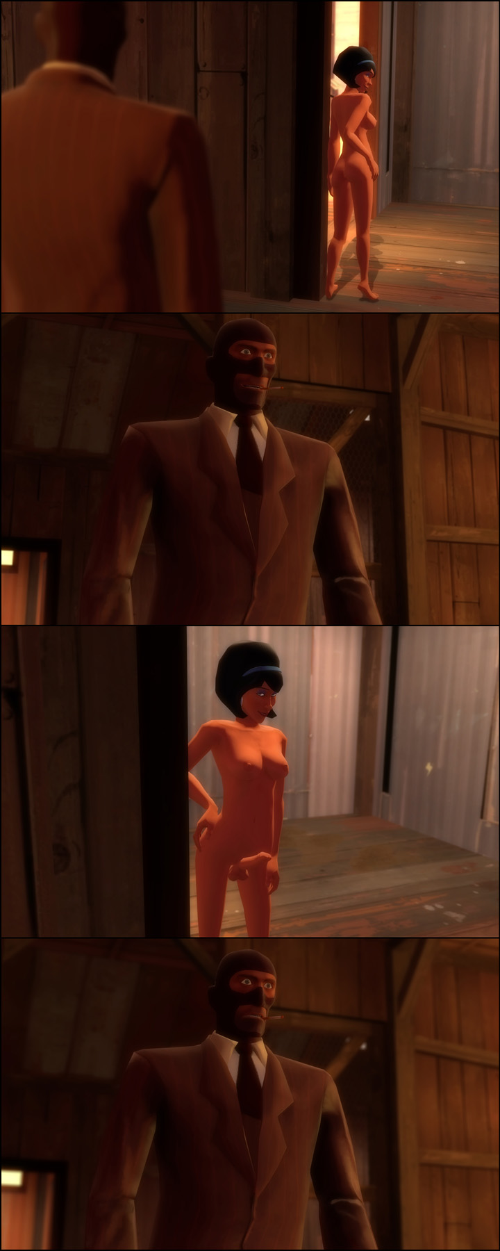 1boy 1girls 3d ass breasts cigar clothed feet futanari garry's_mod human intersex male mask milf nipples nude penis rebbacus scout's_mother spy_(team_fortress_2) team_fortress_2