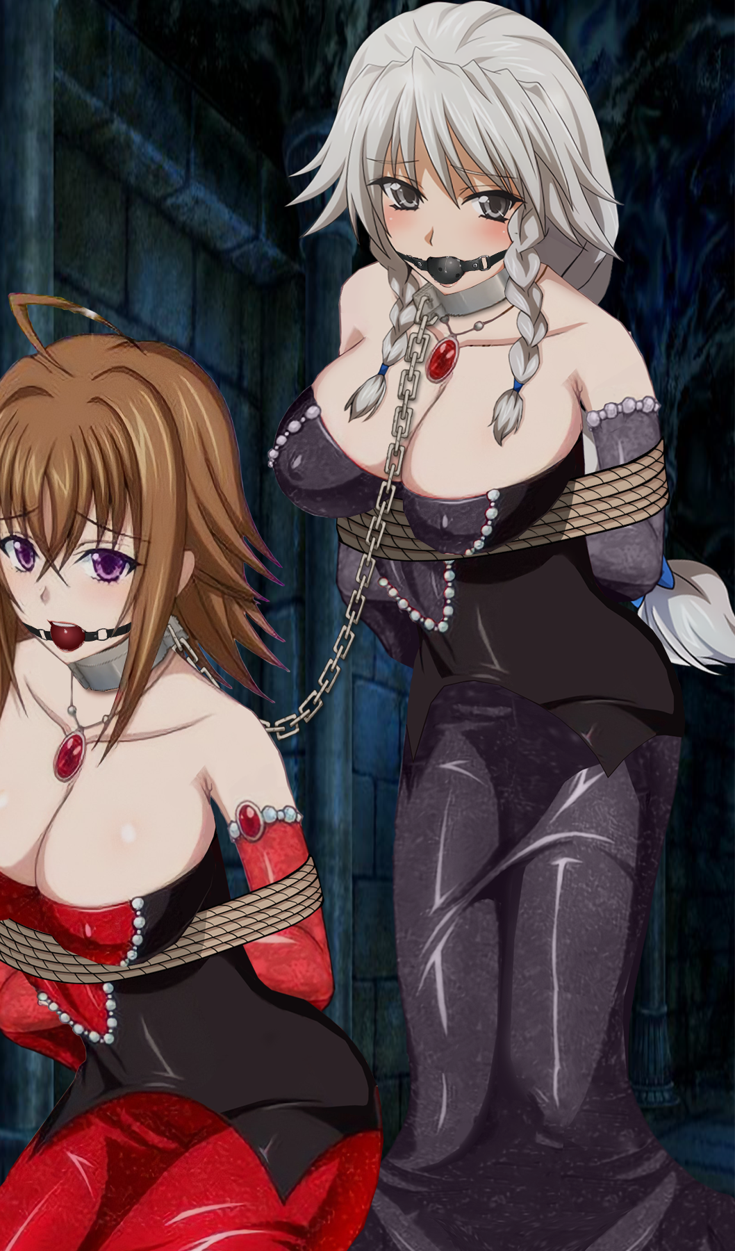 1girls arms_behind_back ball_gag big_breasts bondage bossbb41 breasts cleavage collar dress edit female female_only femsub gag gagged grayfia_lucifuge high_school_dxd milf mother official_art red_dress venelana_gremory