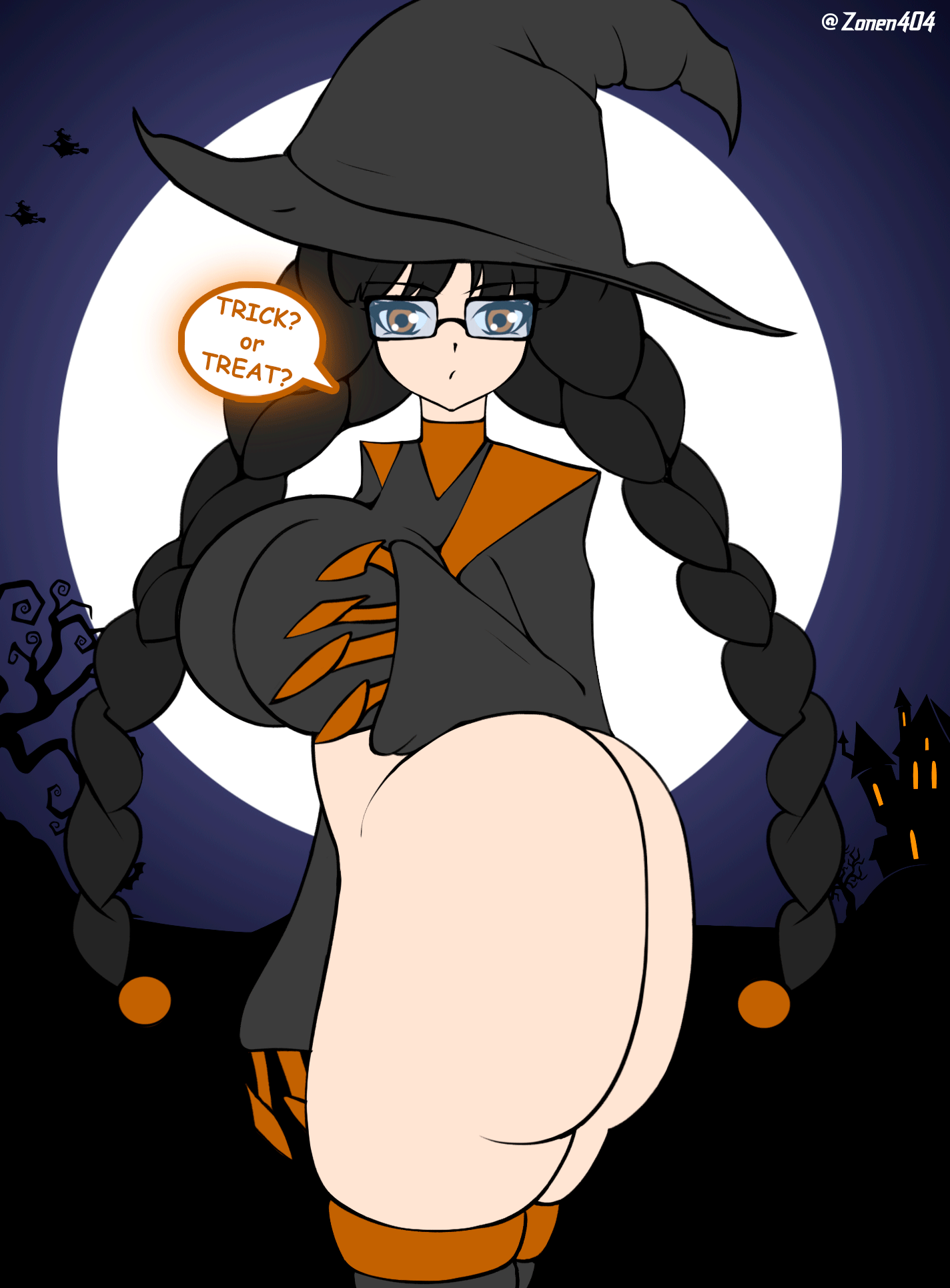 1girls, animated, artist name, ass, ass focus, ass shake, female, female only, halloween, halloween girl (zonen404), highres, moon, original, original character, thick ass, twerking, witch, witch hat, zonen404