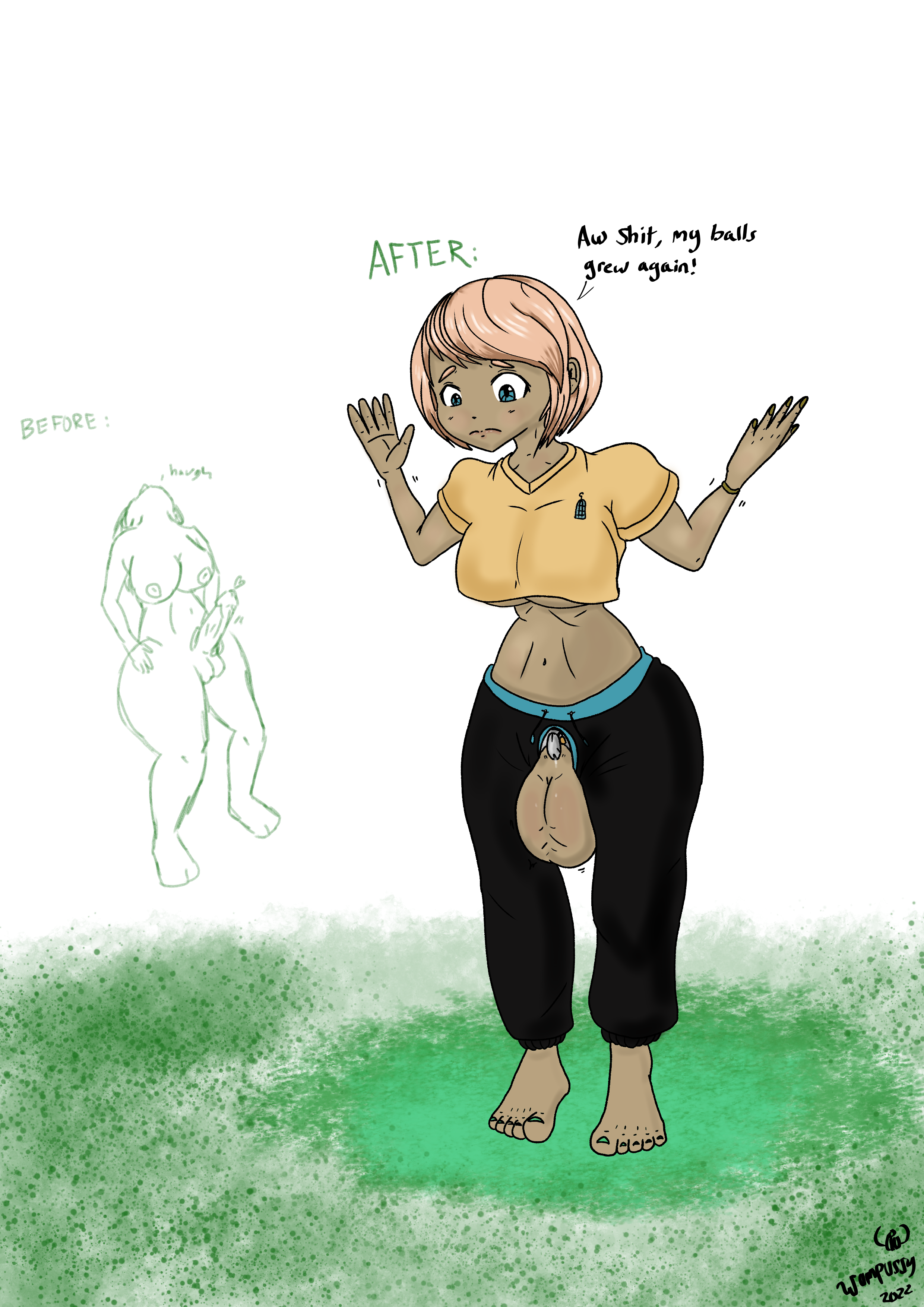 1futa, balls, balls bigger than penis, before and after, big balls, big balls small penis, big breasts, blonde hair, breasts, chastity, chastity cage, clothed, clothing, crotchless, dark skin, dark-skinned futa, dialogue, futa only, futanari, green toenails, huge balls, human, intersex, micropenis, mostly clothed, oversized balls, penis, penis shrinking, precum, short hair, solo, standing, text, underboob, wide hips, wompussy