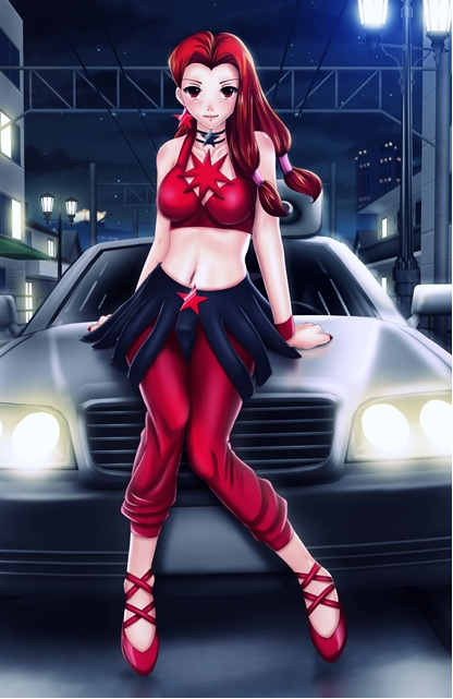 1girls alternate_version_available angerox bare_arms bare_midriff bishoujo_senshi_sailor_moon bra car choker city_background clothed color colored cuffs earrings eudial facing_viewer female female_focus female_only knees_together_feet_apart long_hair looking_at_viewer painted_nails pants red_eyes red_hair shoes sitting sitting_on_car street streetwear