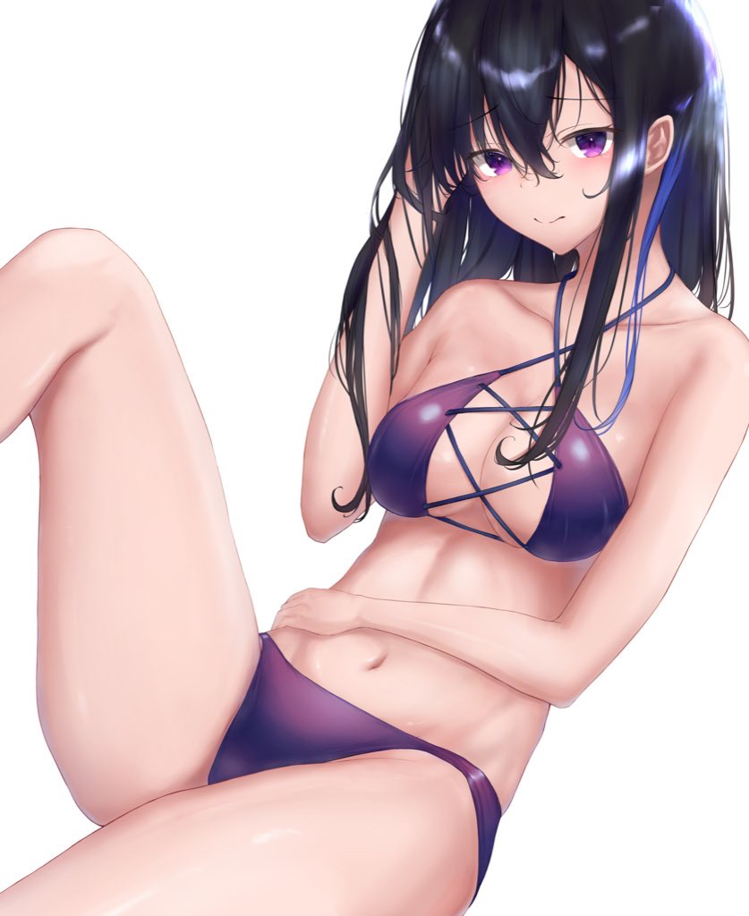 arm_across_waist bangs bikini black_hair breasts eyebrows female female ichinose_uruha legsta long_hair looking_at_viewer medium_breasts midriff multicolored_hair navel purple_bikini purple_eyes solo streaked_hair swimsuit virtual_youtuber vspo!