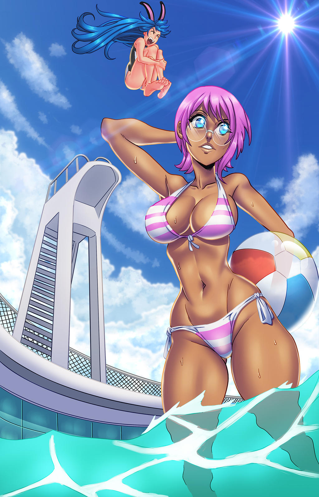 2girls armpits beach_ball bikini blue_eyes bunny_ears cannonball_(dive) closed_eyes diving_board female_focus female_only fence freakier_than_normal glasses jixel/gissel light-skinned_female long_hair looking_at_viewer mesiasart miyuki/mia multiple_girls pale-skinned_female pink_hair short_hair sisters striped_bikini swimming_pool tan-skinned_female