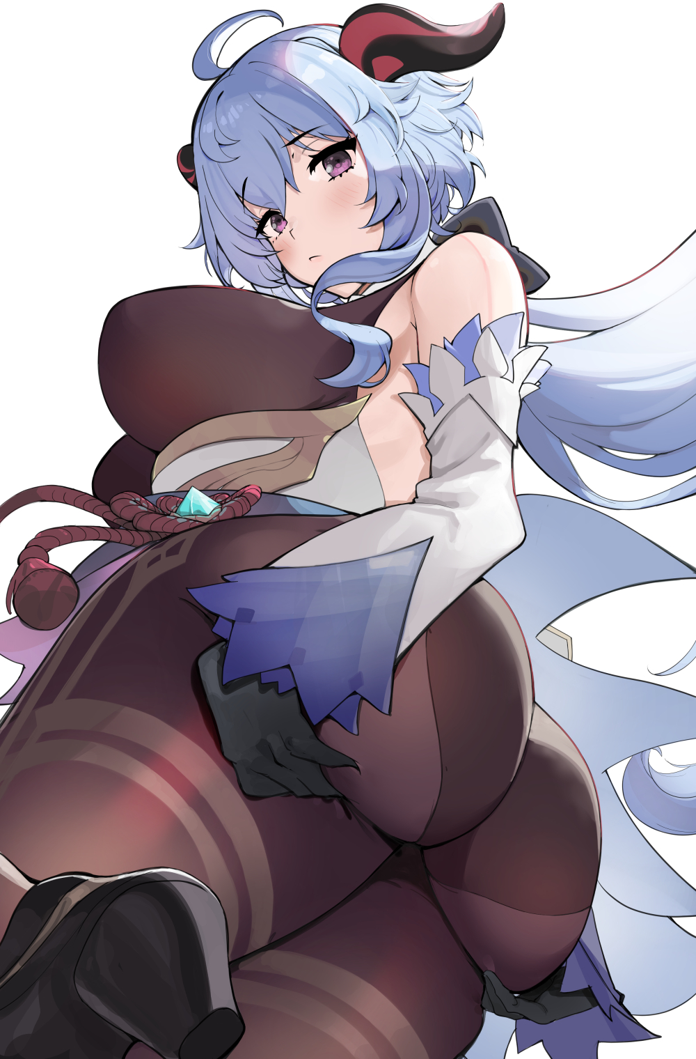 1girls ass_squish bare_shoulders big_ass big_breasts big_butt big_hips big_thighs blue_hair blush breasts bubble_butt busty closed_mouth clothed clothed_female curvy eyebrows_visible_through_hair female female_only ganyu_(genshin_impact) genshin_impact gloves hareno_chiame high_heels horns large_breasts long_hair looking_down panties panties_under_pantyhose pout shy thick thick_ass thick_thighs very_long_hair wide_hips worm's-eye_view