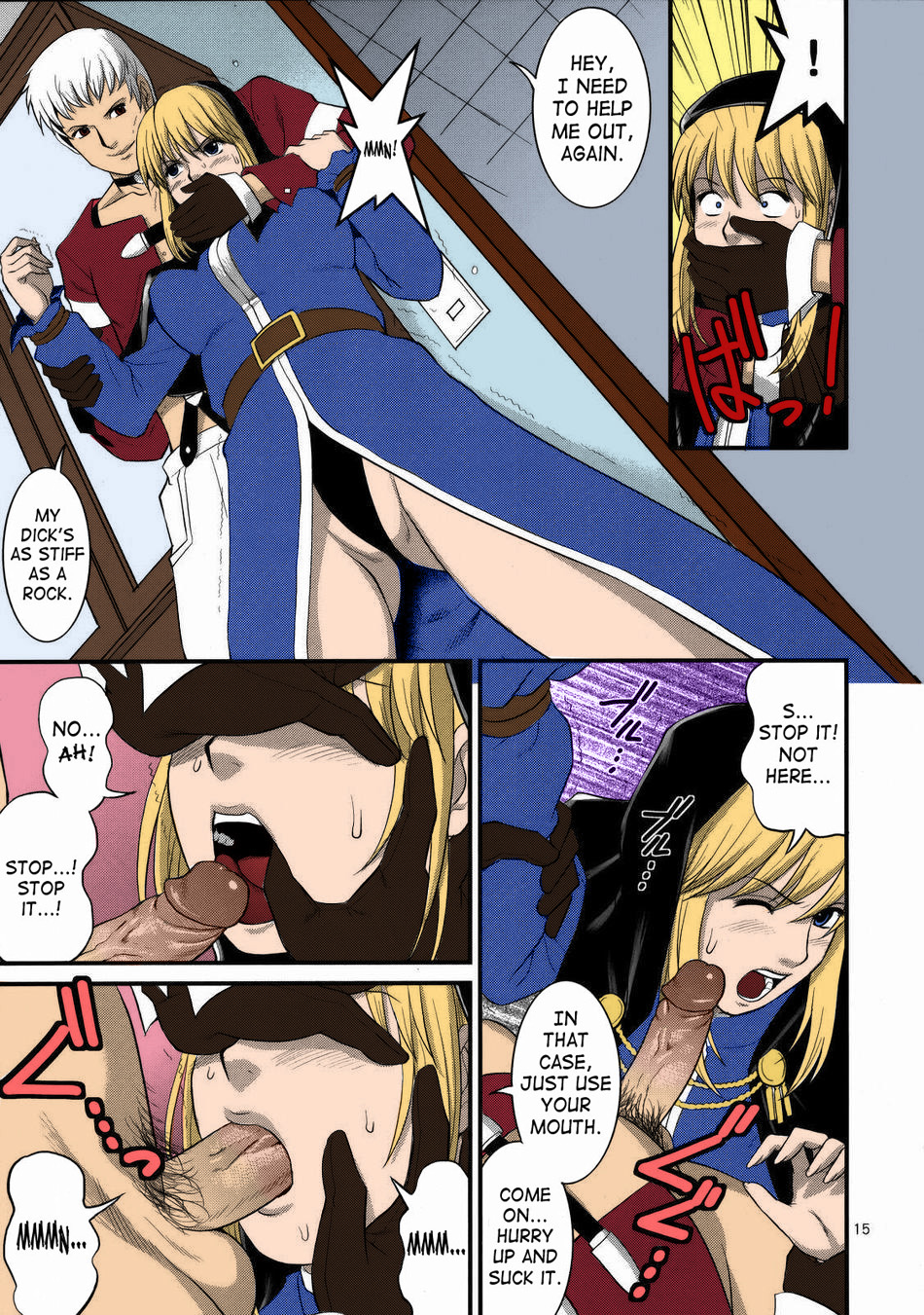 1girls annoyed blonde_hair blowjob blue_dress blue_eyes blush choker comic deep_blowjob deepthroat english_text eye_contact fellatio female forced_deepthroat forced_oral fringe goeniko head_dress head_grab king_of_fighters kneeling long_hair m.u.g.e.n male oral page_15 penis pov questionable_consent red_jacket right_to_left saigado short_hair snk text thong tight_throat translated white_hair yashiro_nanakase