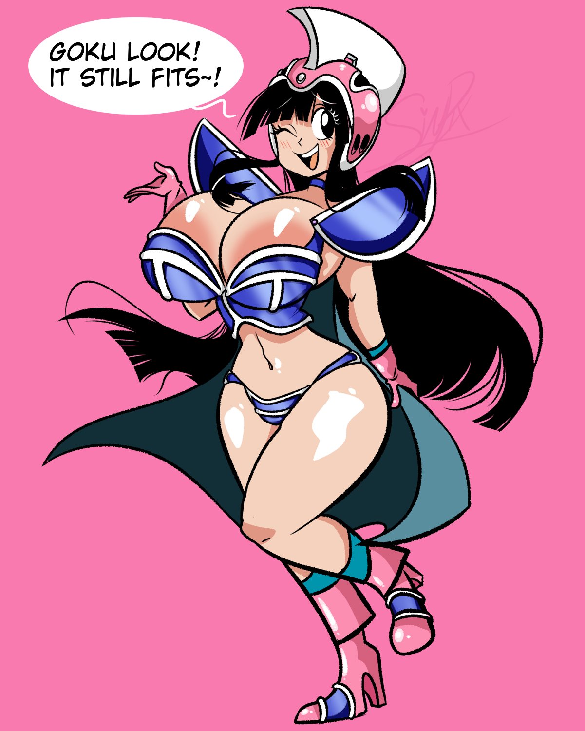 1girls, areola slip, areolae, big breasts, bikini armor, breasts, chichi, chichi's armor, chichi's helmet, cleavage, dialogue, dragon ball, dragon ball z, female, female only, huge breasts, it still fits, large areolae, light skin, light-skinned female, name drop, pixelzsinful, shounen jump, speech bubble, thick thighs, wide hips
