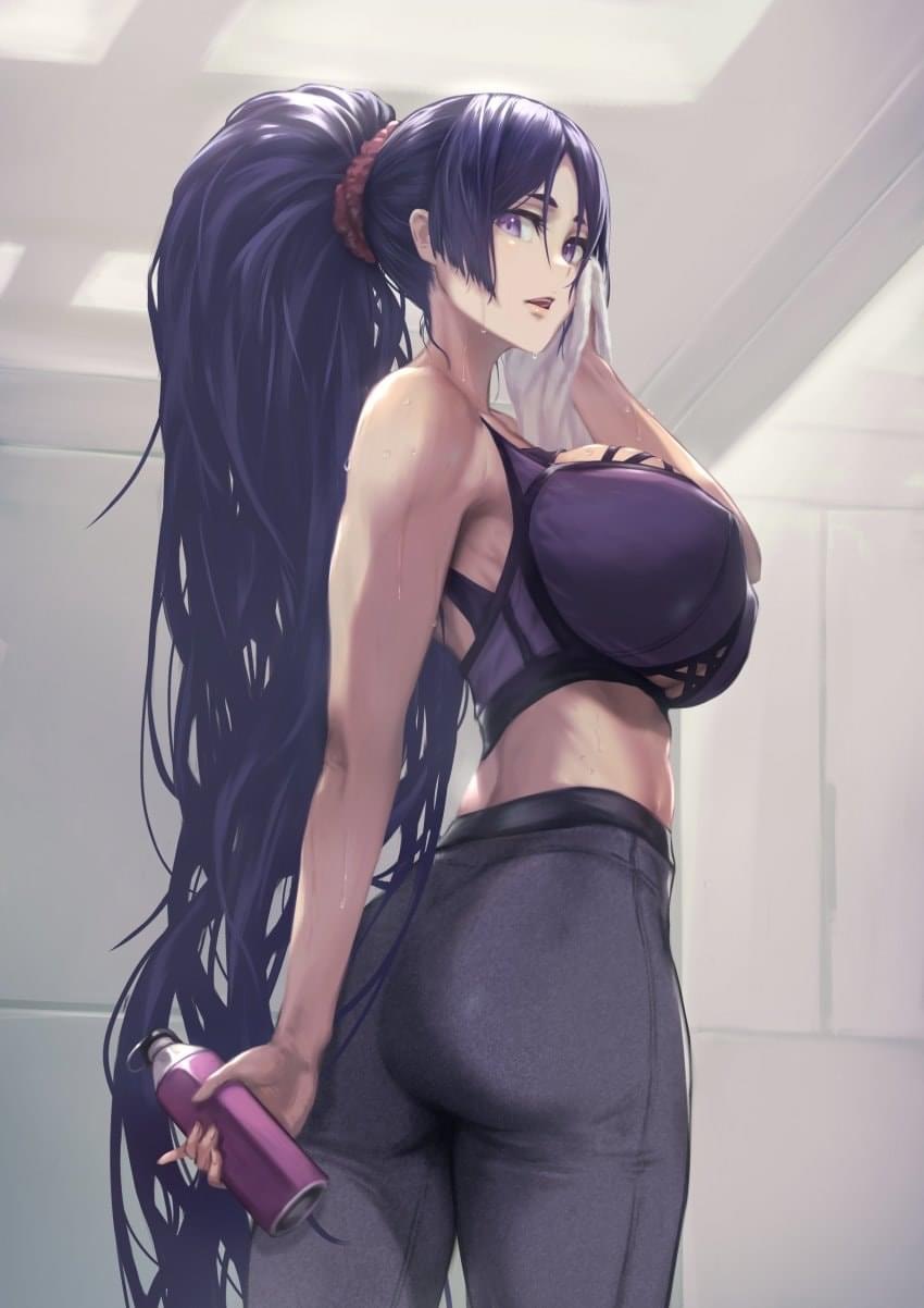 artist request, breasts, busty, fate (series), fate/grand order, female, minamoto no raikou (fate/grand order), ponytail, purple eyes, purple hair, sports bra, sweaty, towel, water bottle, workout clothes, yoga pants