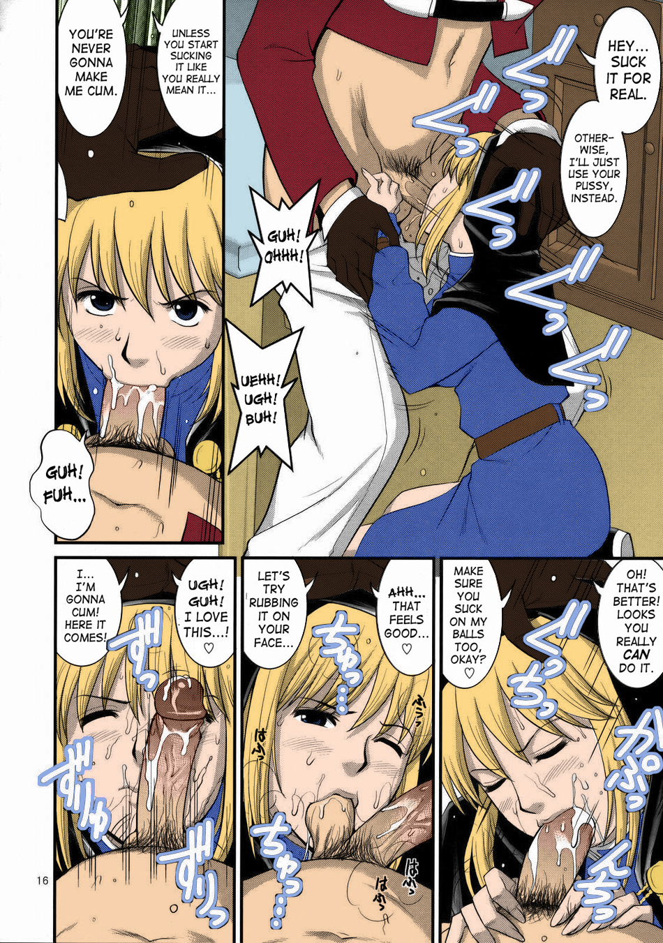 1boy 1girls annoyed blonde_hair blowjob blue_dress blue_eyes blush choker comic deep_blowjob deepthroat english_text eye_contact fellatio female femsub forced_deepthroat forced_oral fringe goeniko head_dress head_grab king_of_fighters kneeling long_hair m.u.g.e.n male maledom oral page_16 penis penis_on_face penis_rubbing_pussy pov pubic_hair questionable_consent red_jacket right_to_left saigado saliva short_hair slapping_with_penis snk sucking_testicles sweat testicles text throat_fuck tight_throat translated white_hair yashiro_nanakase