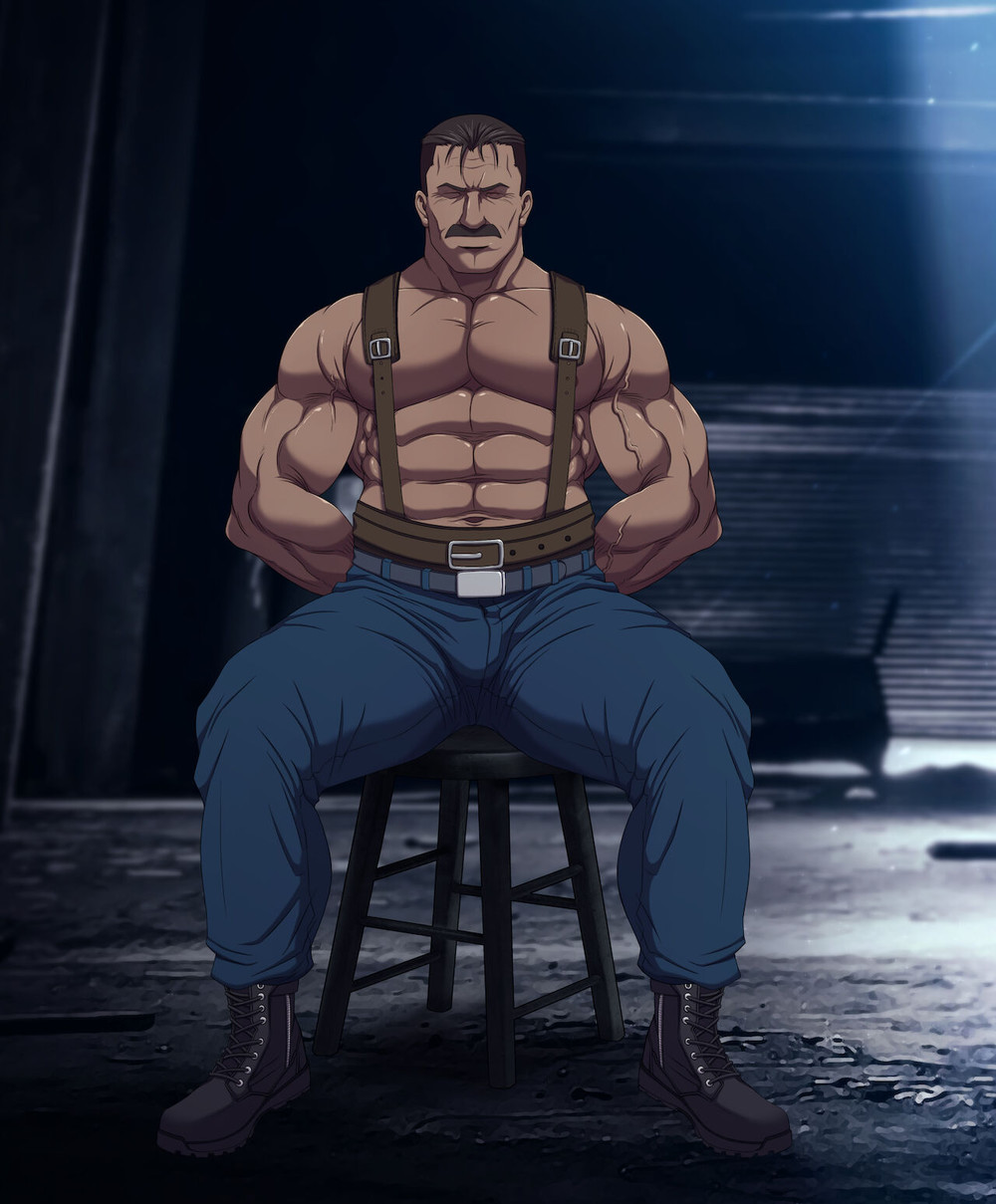 1boy bara closed_eyes daddy fullmetal_alchemist hands_behind_back king_bradley male male_only moustache muscle muscles muscular penis_under_clothes restrained ryans shirtless shirtless_(male) shirtless_male suspenders tied_hands tight_clothes tight_clothing tight_pants veins