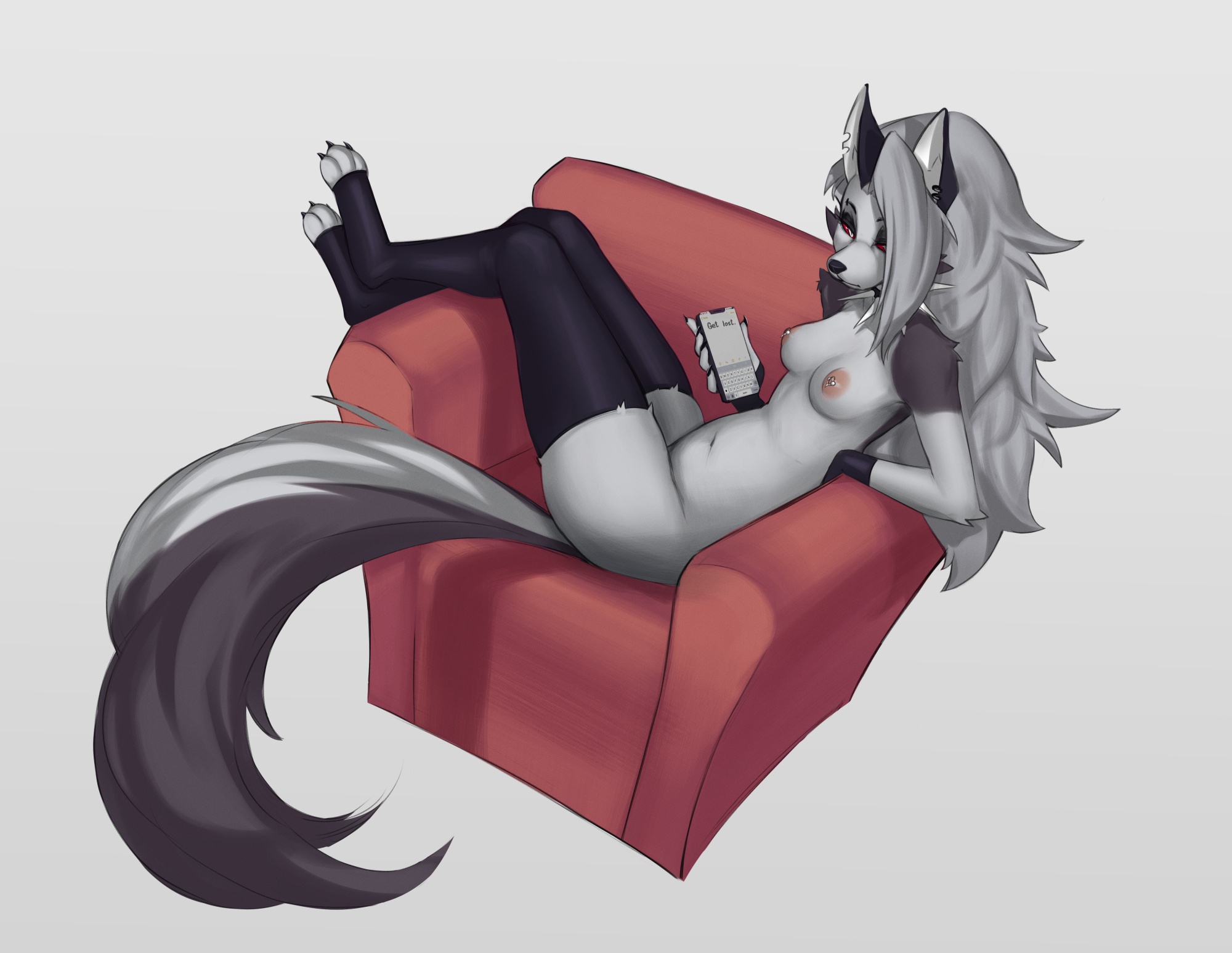 2021, 3 toes, 5 fingers, anthro, areola, breasts, canid, canid demon, canine, canis, chair, claws, clothing, demon, ear piercing, ear ring, english text, eyebrow piercing, eyebrow ring, facial piercing, feet, female, fingers, footwear, fur, furniture, grey background, grey hair, hair, hellhound, helluva boss, hi res, holding object, legwear, long hair, loona (helluva boss), mammal, mostly nude, mythological canine, mythological creature, mythology, nipple piercing, nipples, phone, piercing, pink nipples, red sclera, simple background, socks, sofa, solo, tail, text, thigh highs, toe claws, toeless footwear, toeless socks, toes, white body, white eyes, white fur, wolf, woolrool