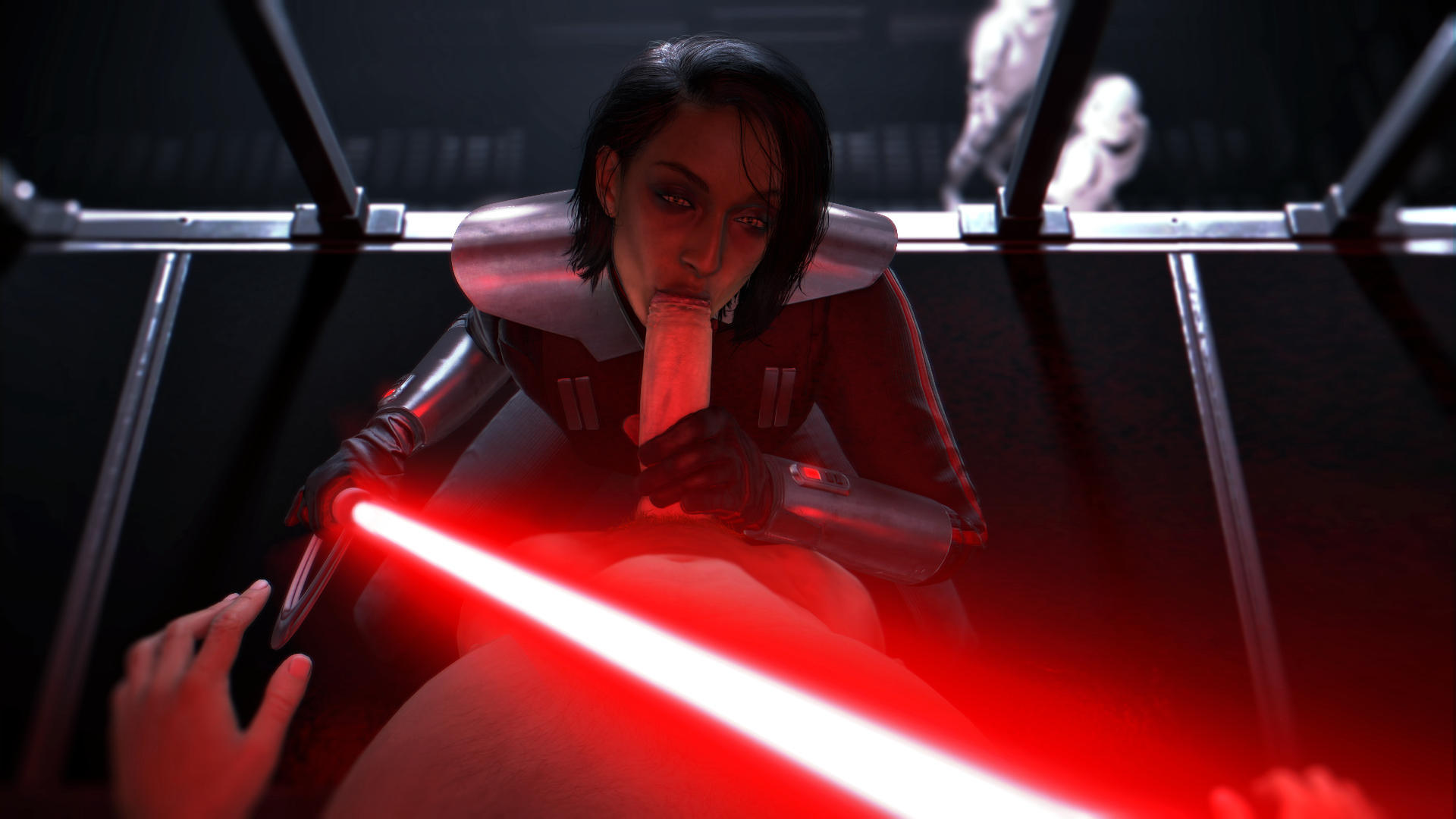 1boy, 1girls, 3d, assertive, assertive female, black hair, blowjob, captured, cock, dick, dominant female, dubious consent, female, female focus, female/male, gloved handjob, gloves, hand on penis, handjob, handjob with gloves, holding penis, human, inquisitor (star wars), jedi: fallen order, leather gloves, light skin, light-skinned male, lightsaber, male, n.core, oral, oral sex, penis, pov, prison, prisoner, red lightsaber, reverse rape, second sister, sfm, source filmmaker, star wars, stormtrooper, tan-skinned female, touching penis, trilla suduri, yellow eyes