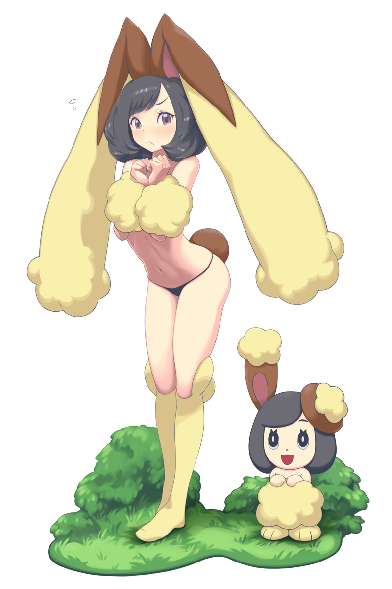 black_hair black_panties buneary_(cosplay) chibi chibi_inset cosplay game_freak kneehighs looking_at_viewer lopunny_(cosplay) mk_(mikka) nintendo outdoors own_hands_together panties pokemon pokemon_(cosplay) pokemon_sm purple_eyes selene_(pokemon) standing white_background