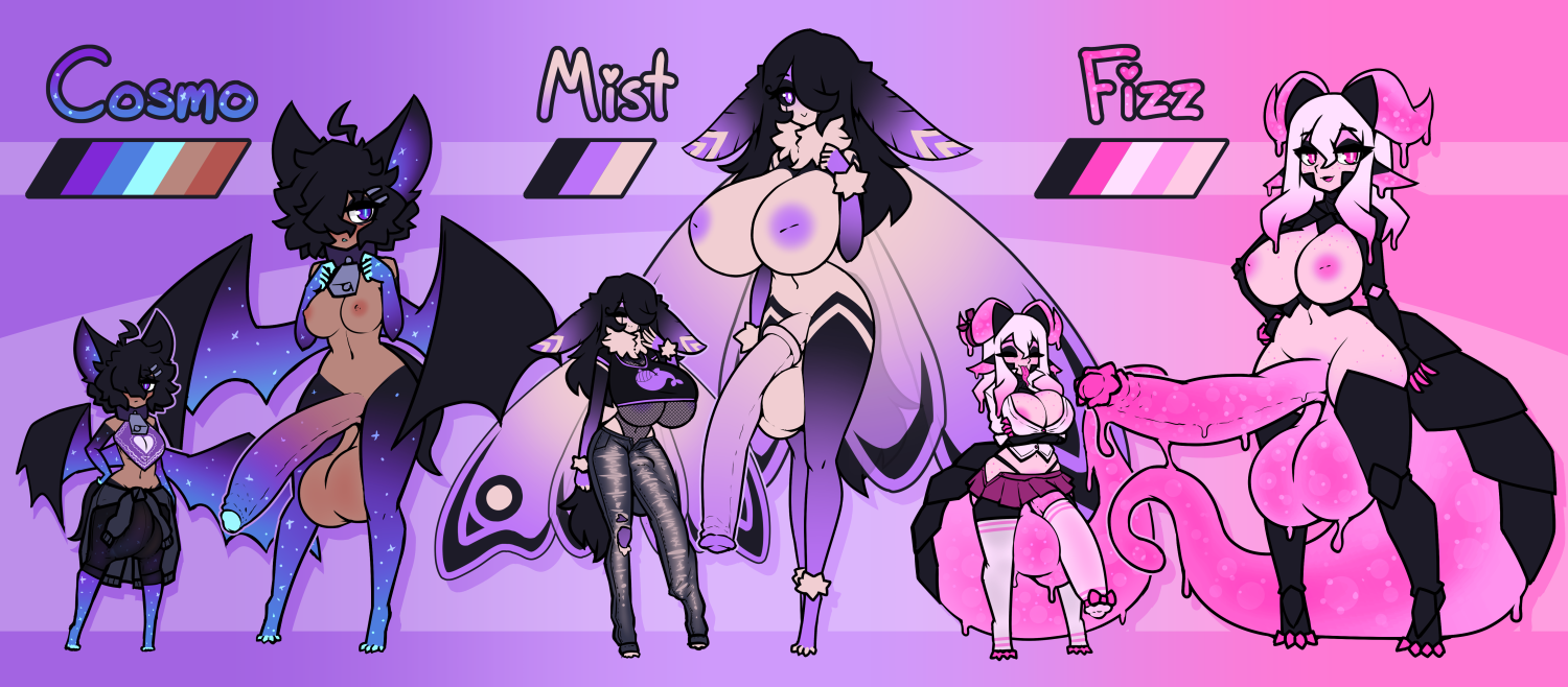 3futas, adoptable, ass, balls, bat girl, big balls, big breasts, big penis, breasts, clothed, clothing, cosmo (limebreaker), dragon girl, erection, female, fizz (limebreaker), fully clothed, futa only, futanari, gigantic ass, gigantic balls, gigantic testicles, horns, huge balls, huge breasts, huge cock, humanoid, humanoid penis, insect girl, intersex, limebreaker, mist (limebreaker), model sheet, moth, nude, original, penis, penis to the knees, scales, slime, standing, testicles, text, thick thighs, wide hips, wings