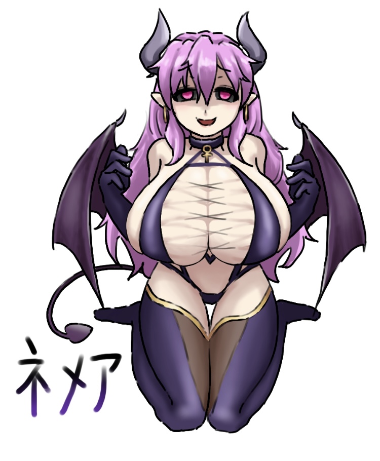 1girls bat_wings big_breasts black_sclera breasts_bigger_than_head choker demon_girl demon_horns demon_wings drawn horn japanese_text nemea_(succubus_prison) shibataro_(artist) simple_background smile solo_female solo_focus succubus succubus_costume succubus_prison tagme white_background