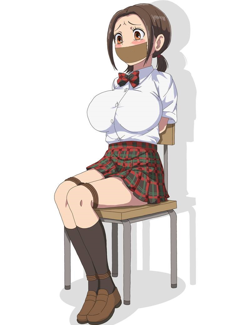 arms_behind_back big_breasts blush bondage bound bound_ankles bound_arms bound_legs brown_eyes brown_hair chair chair_bondage chihayafuru gag gagged legwear ooe_kanade restrained rope rope_bondage shoes shoked sitting skirt solo solo_female tape_gag taped_mouth tied_up