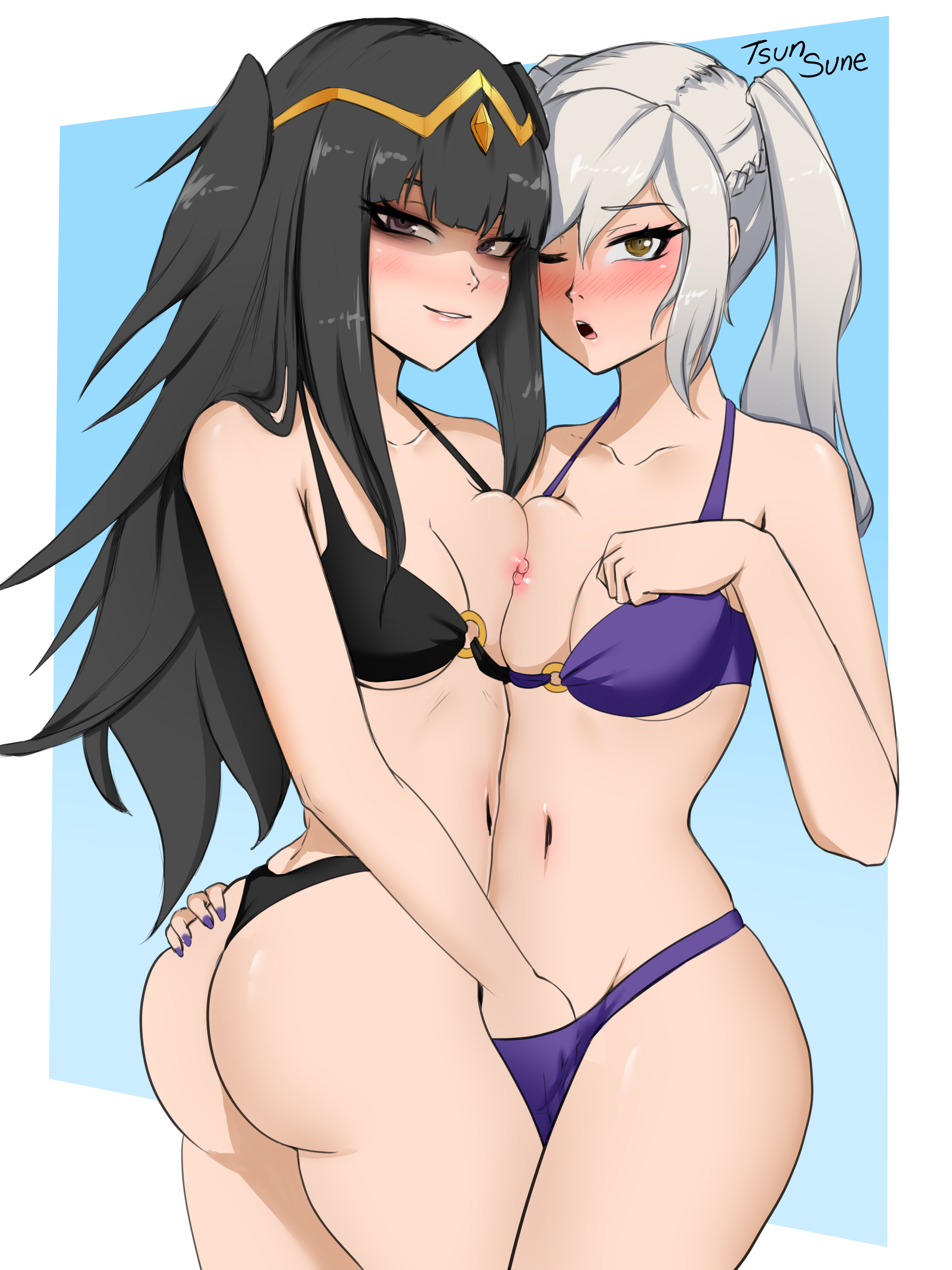 2girls, alternate costume, ass, bikini, black bikini, black swimsuit, blush, breast press, breasts, breasts out, female, female only, fire emblem, fire emblem awakening, fire emblem heroes, hand in panties, hand on ass, looking at viewer, multiple females, multiple girls, nintendo, nipples, o-ring, official alternate costume, purple bikini, purple swimsuit, robin (fire emblem), robin (fire emblem) (female), swimsuit, tharja (fire emblem), thighs, tsunsune, yuri