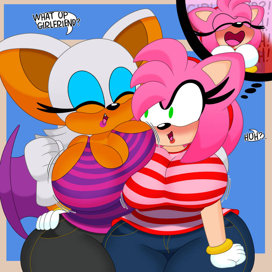 2girls, 3barts, amy rose, anthro, ass, blush, breasts, cleavage, clothing, female, female only, huge ass, huge breasts, rouge the bat, sega, sonic (series), sonic the hedgehog (series), thick thighs, wide hips, yuri
