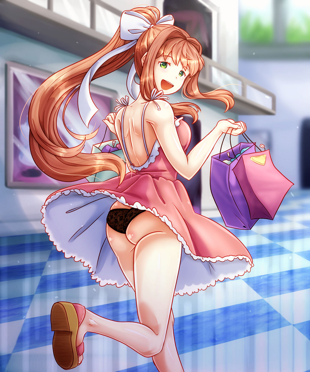 1girls, black panties, brown hair, commission, doki doki literature club, female, green eyes, magicalpouchofmagic, monika (doki doki literature club), panties, pantyshot, pink dress, updress, upskirt