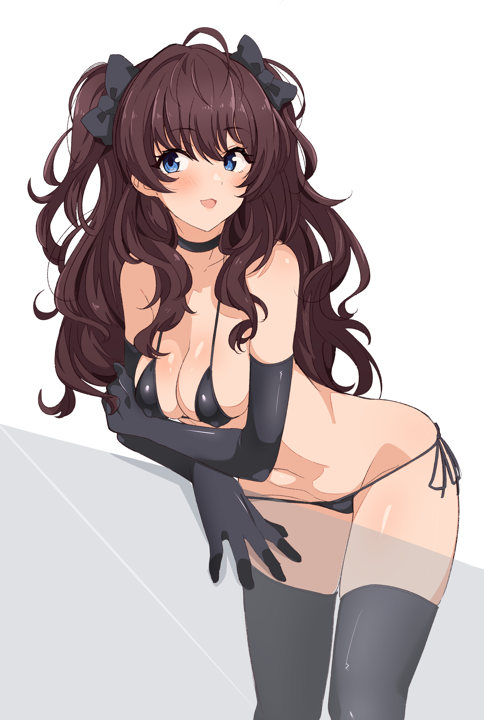 absurdres, bangs, black bow, black choker, black gloves, black legwear, blue eyes, blush, bow, breasts, brown hair, choker, cleavage, elbow gloves, eyebrows visible through hair, female, gloves, hair ornament, hairbow, highres, ichinose shiki, idolmaster, idolmaster cinderella girls, large breasts, long hair, open mouth, seihekiog, sideboob, simple background, smile, solo, thighhighs, thighs, white background
