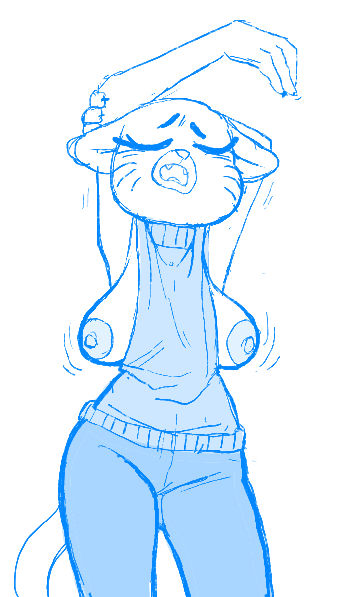 anthro, areola, big breasts, breasts, cartoon network, closed eyes, clothing, domestic cat, feline, female, kaboozey, mammal, mature female, monochrome, nicole watterson, nipples, open mouth, sagging breasts, stretching, the amazing world of gumball, wardrobe malfunction