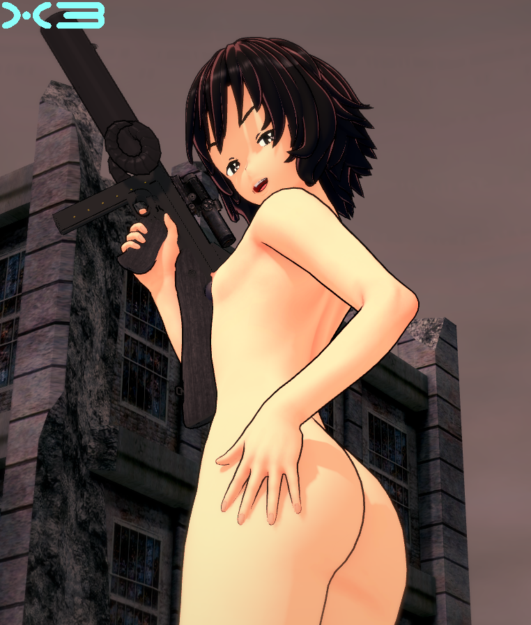 1boy 3d aries_(x3n0n999) ass big_ass big_butt butt dark_hair femboy gay gun hand_on_ass holding_gun holding_weapon koikatsu looking_at_viewer male male_focus male_only nude nude_male pale-skinned_male pale_skin ruined_building short_hair solo thick_thighs trap twink watermark x3n0n999 yaoi