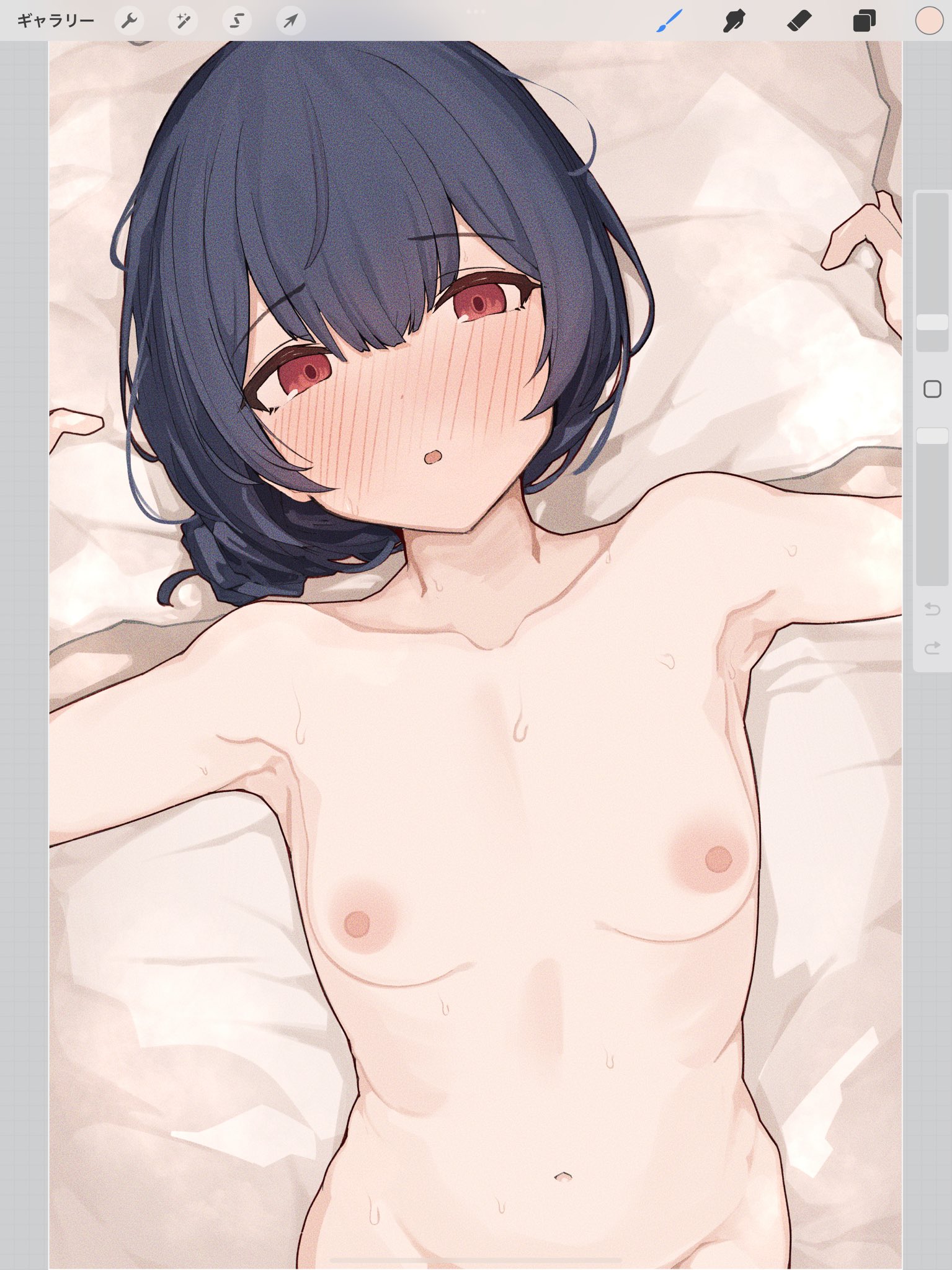 armpits, bangs, bed, bed sheet, blue hair, blush, breasts, collarbone, completely nude, eyebrows visible through hair, female, hair bun, highres, idolmaster, idolmaster shiny colors, looking at viewer, lying, misekai 555, morino rinze, navel, nipples, nude, on back, on bed, open mouth, pillow, procreate (software), red eyes, small breasts, solo, sweat