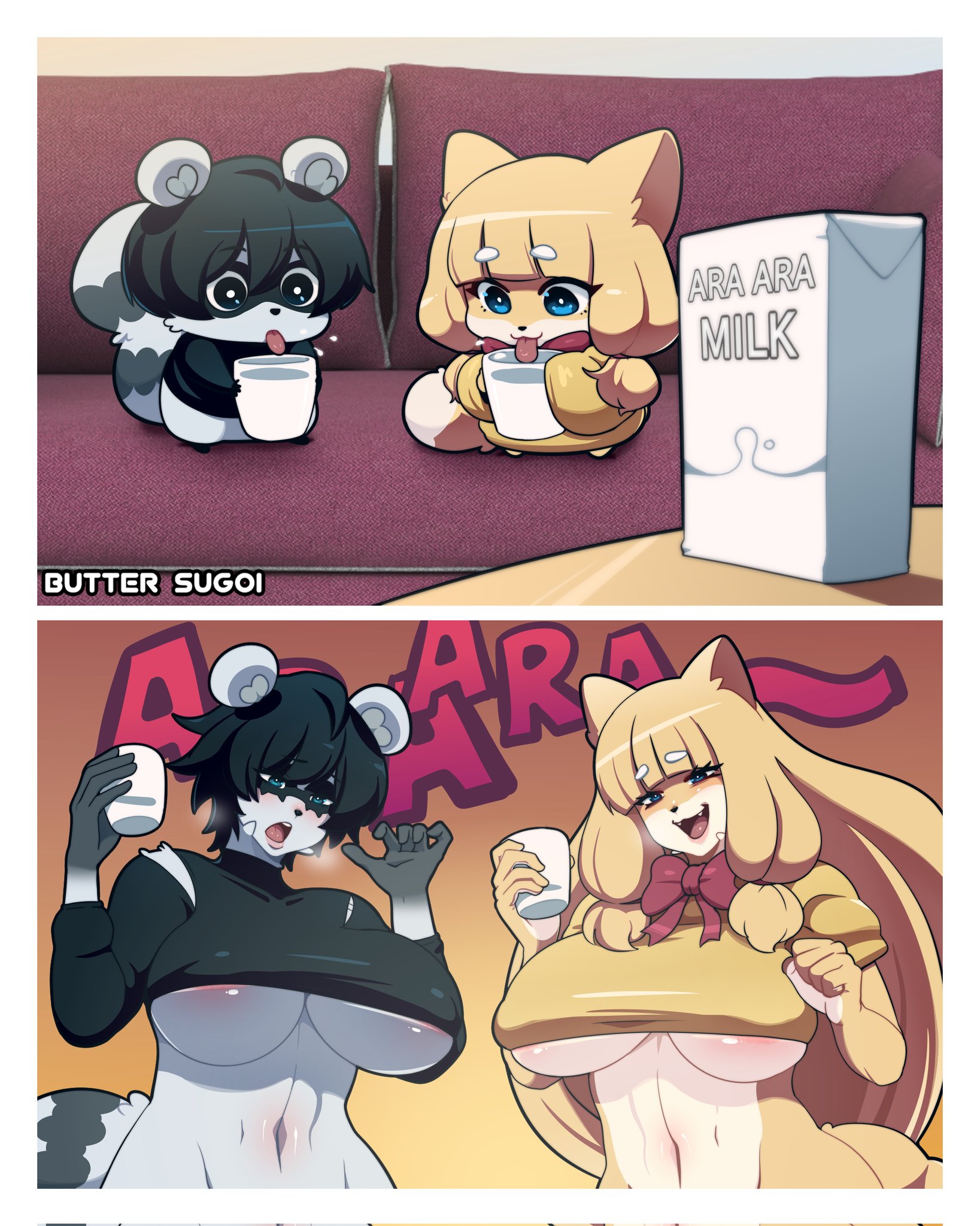 anthro, belly, big breasts, blue eyes, bottomless, breasts, butter sugoi, canid, canine, chibi, clothed, clothing, drinking, duo, female, fox, hi res, izfan art, mammal, mature female, milk, navel, procyonid, raccoon, size transformation, smile, transformation, under boob